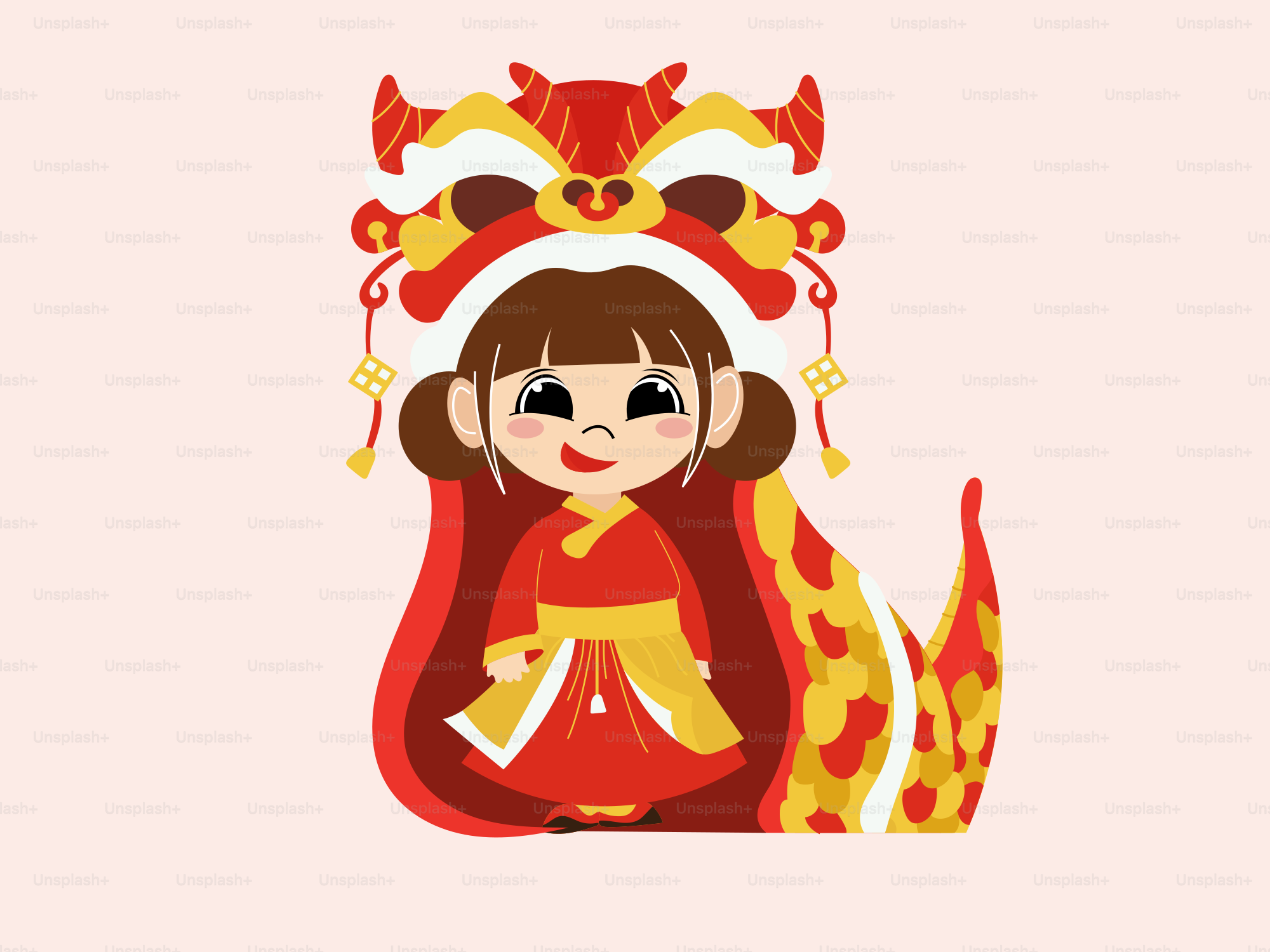 Una chica con un vestido rojo sentada sobre un dragón