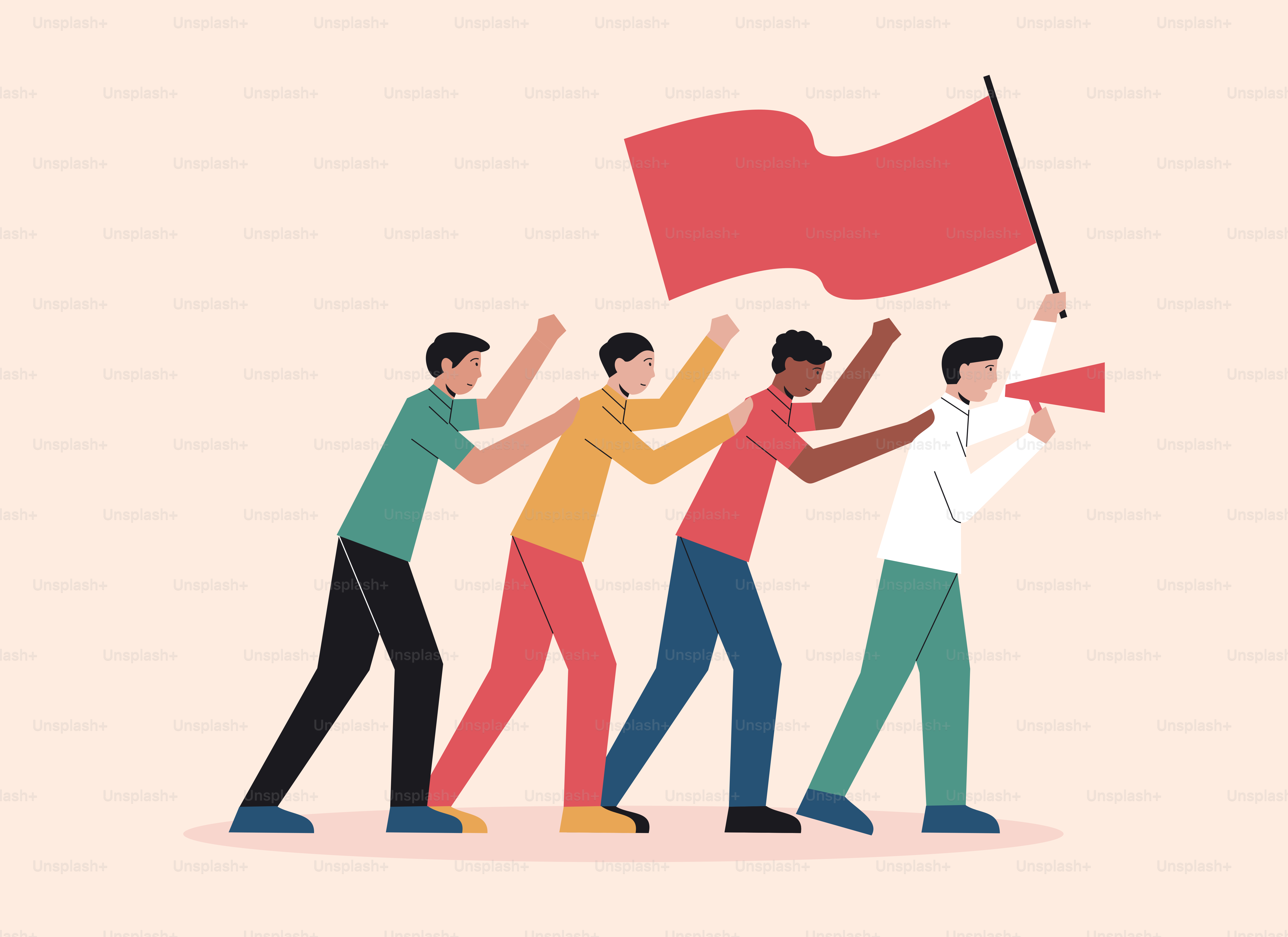 A group of people holding a red flag