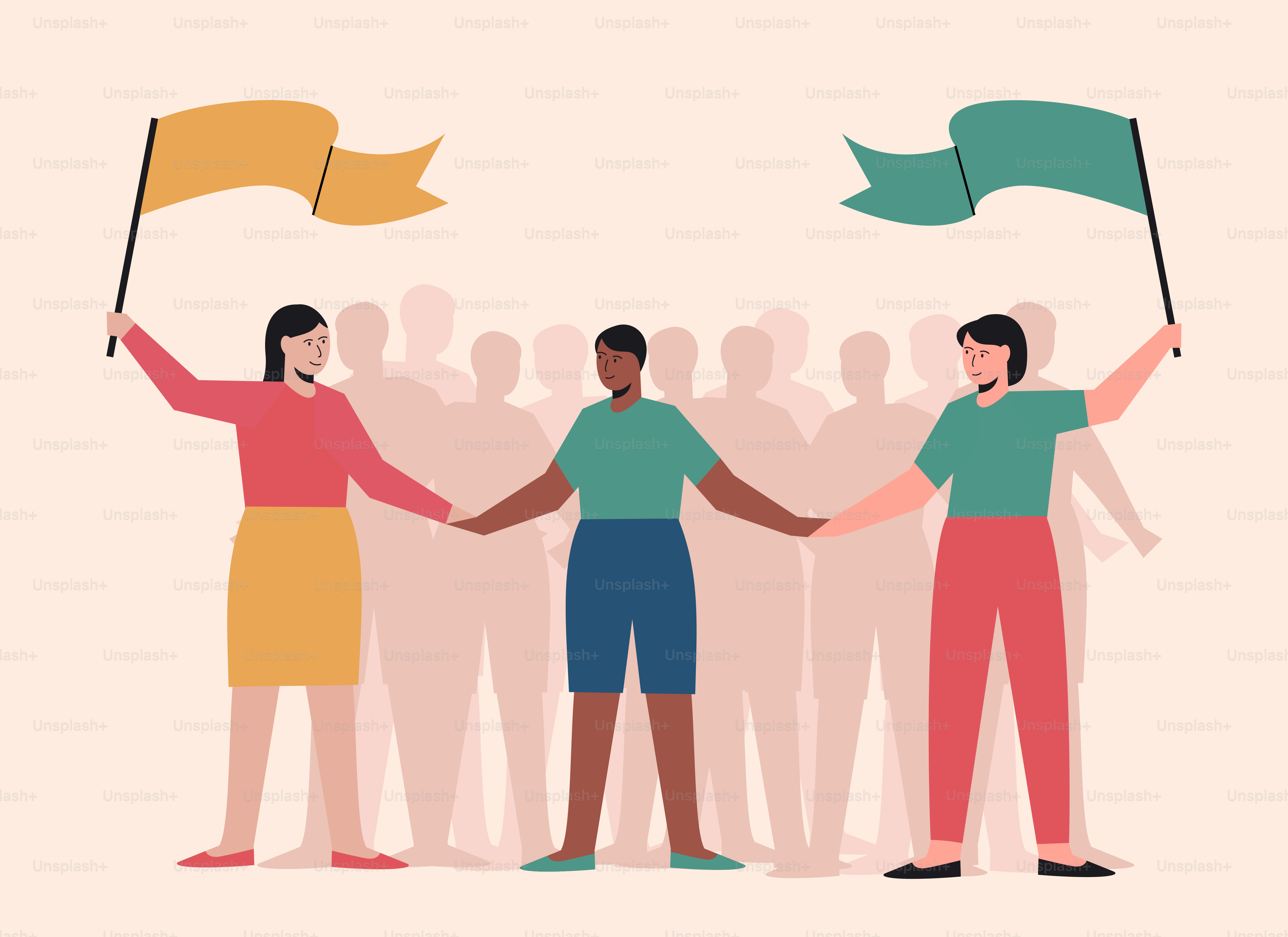 A group of people holding hands with flags