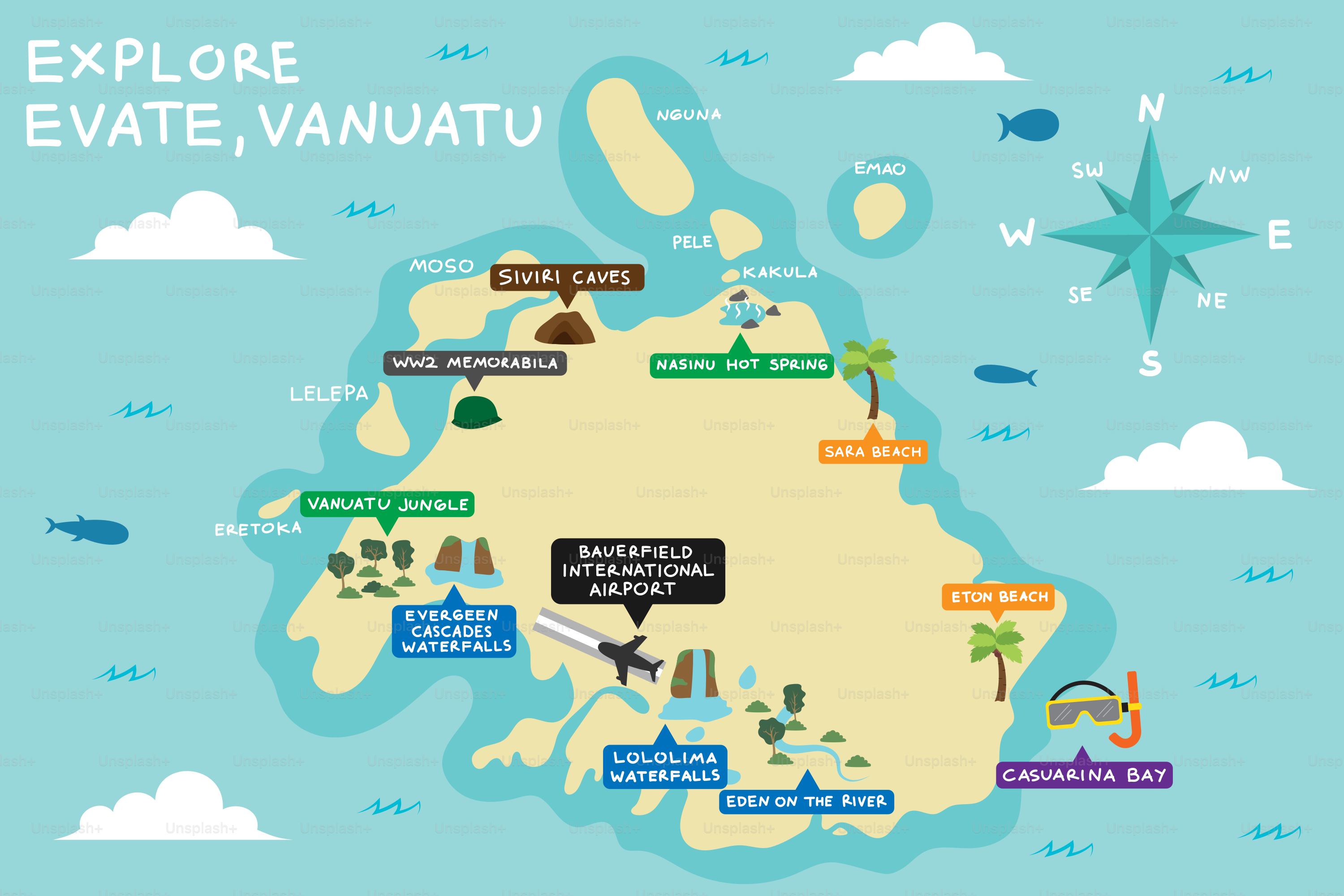 A map of an island with a star in the sky