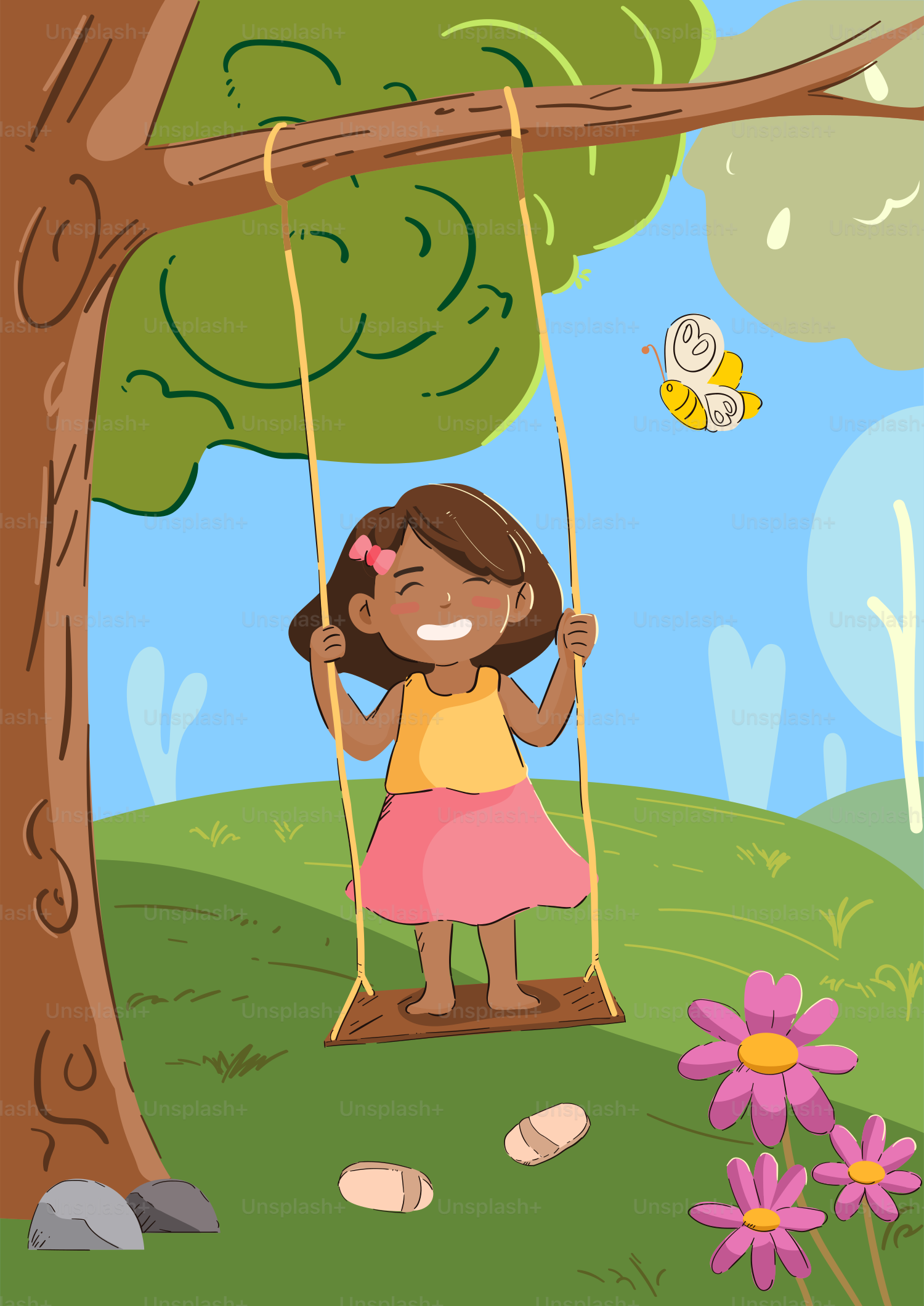 A little girl swinging on a tree swing