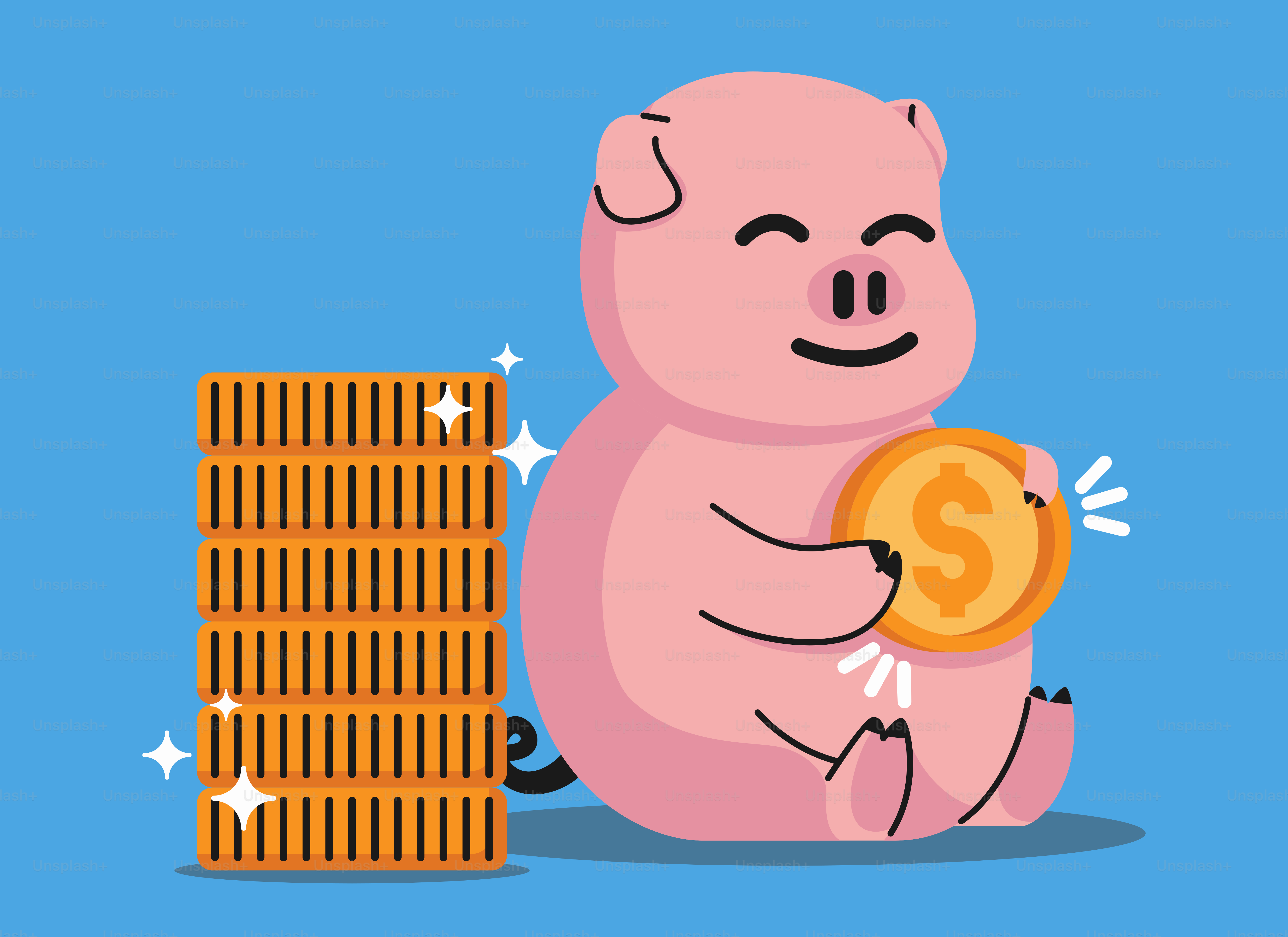 A pig sitting next to stacks of coins