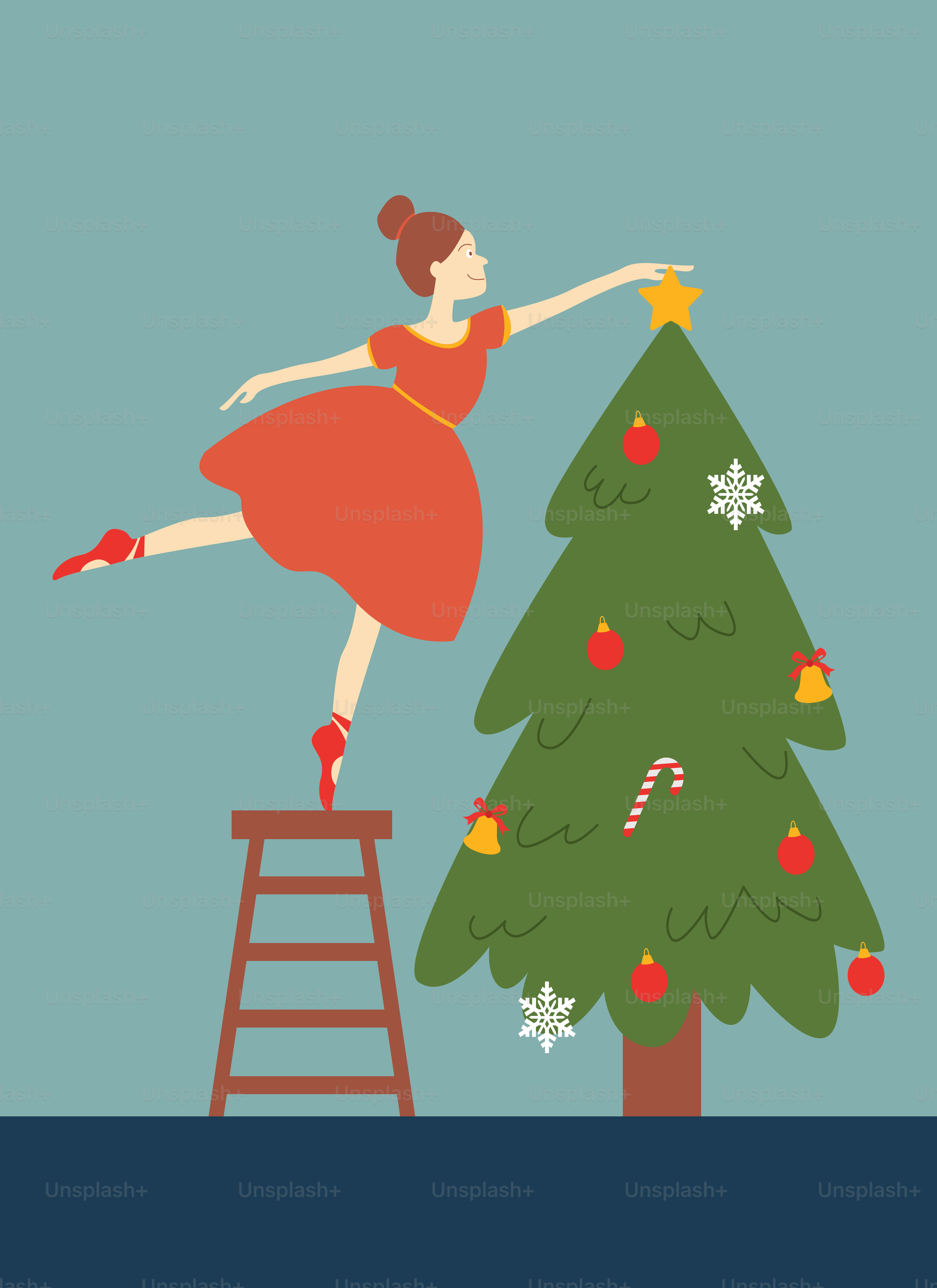 Eine Frau in einem roten Kleid steht auf einer Leiter neben einem Weihnachtsbaum