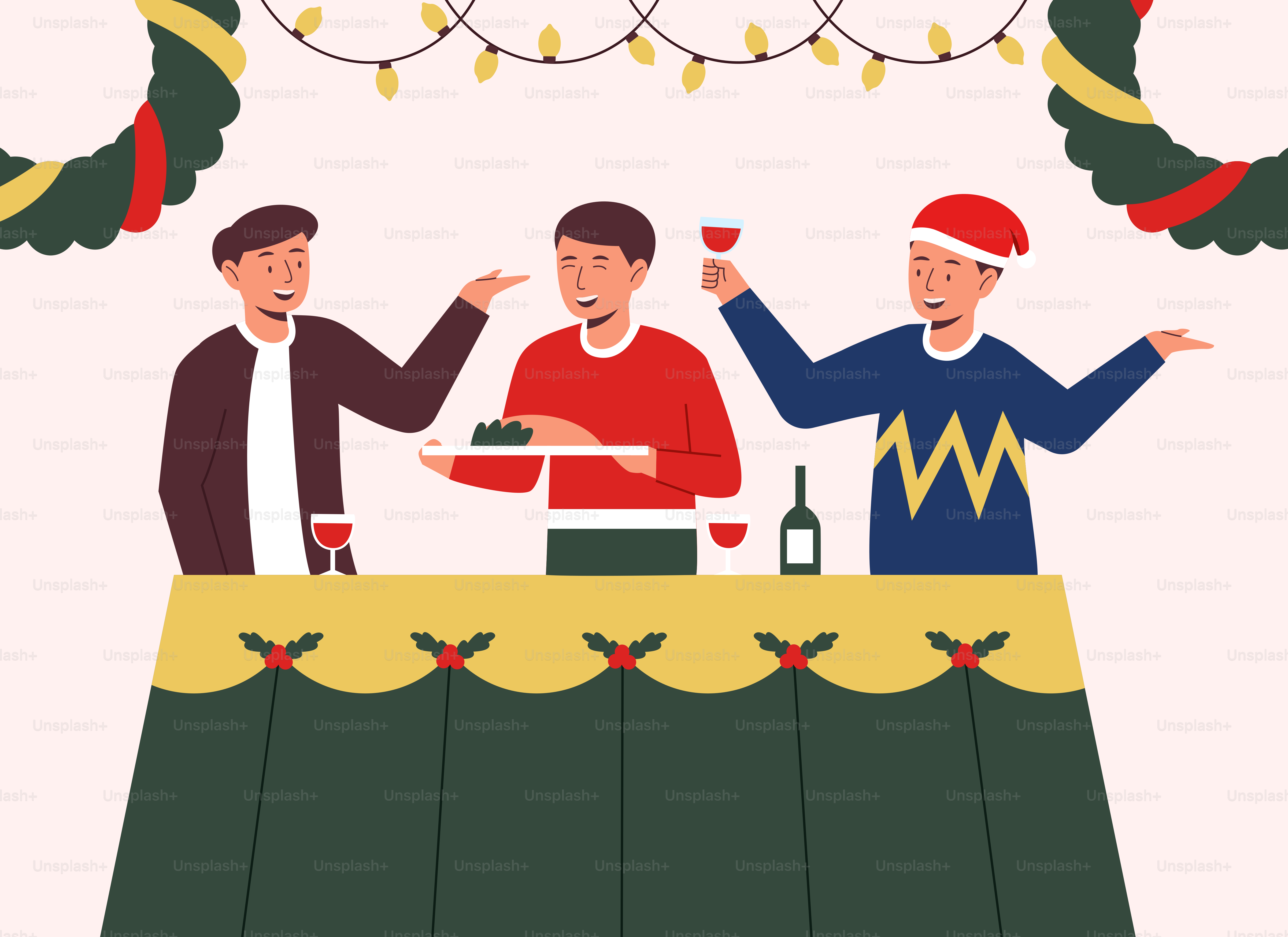 A group of men standing around a table with food and drinks