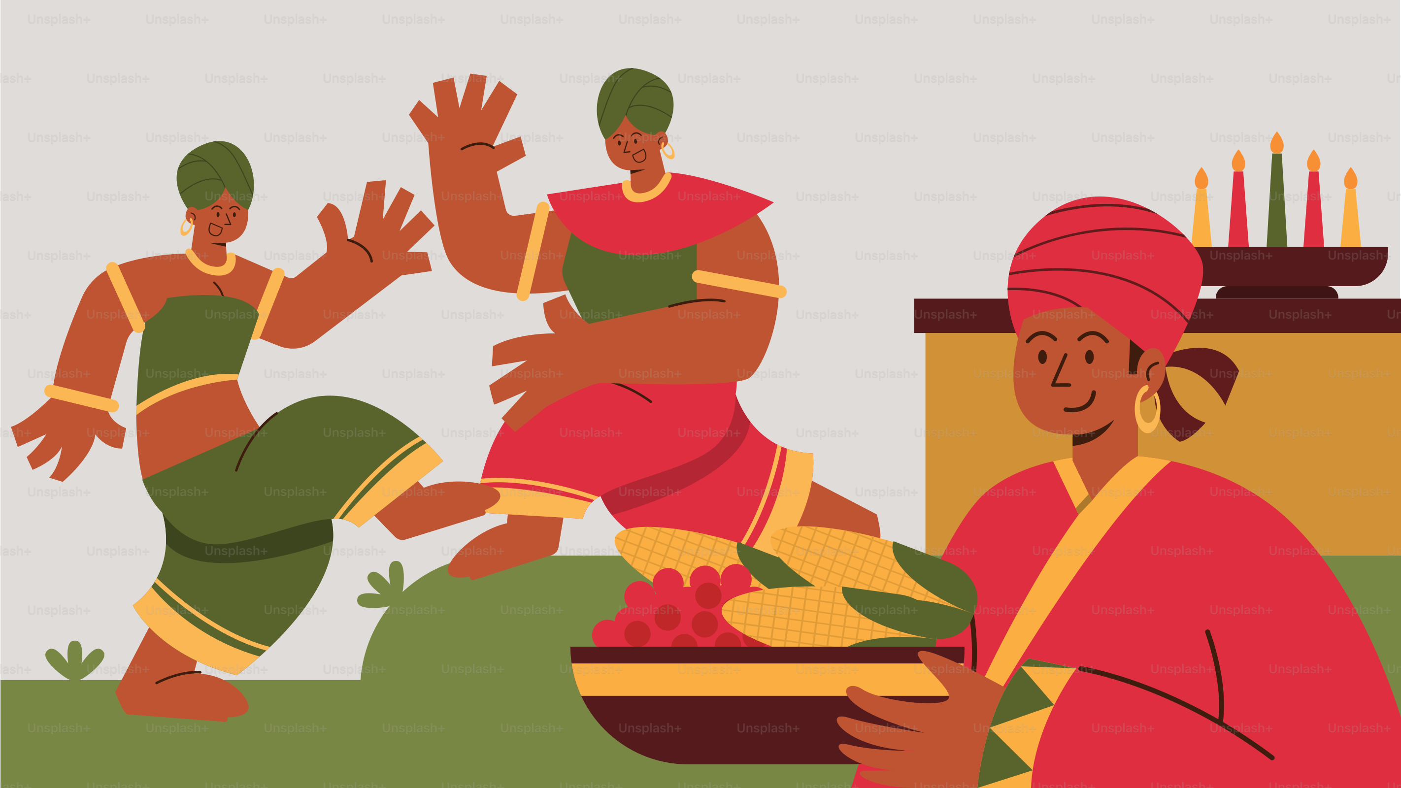 Una mujer con un vestido rojo está sirviendo comida