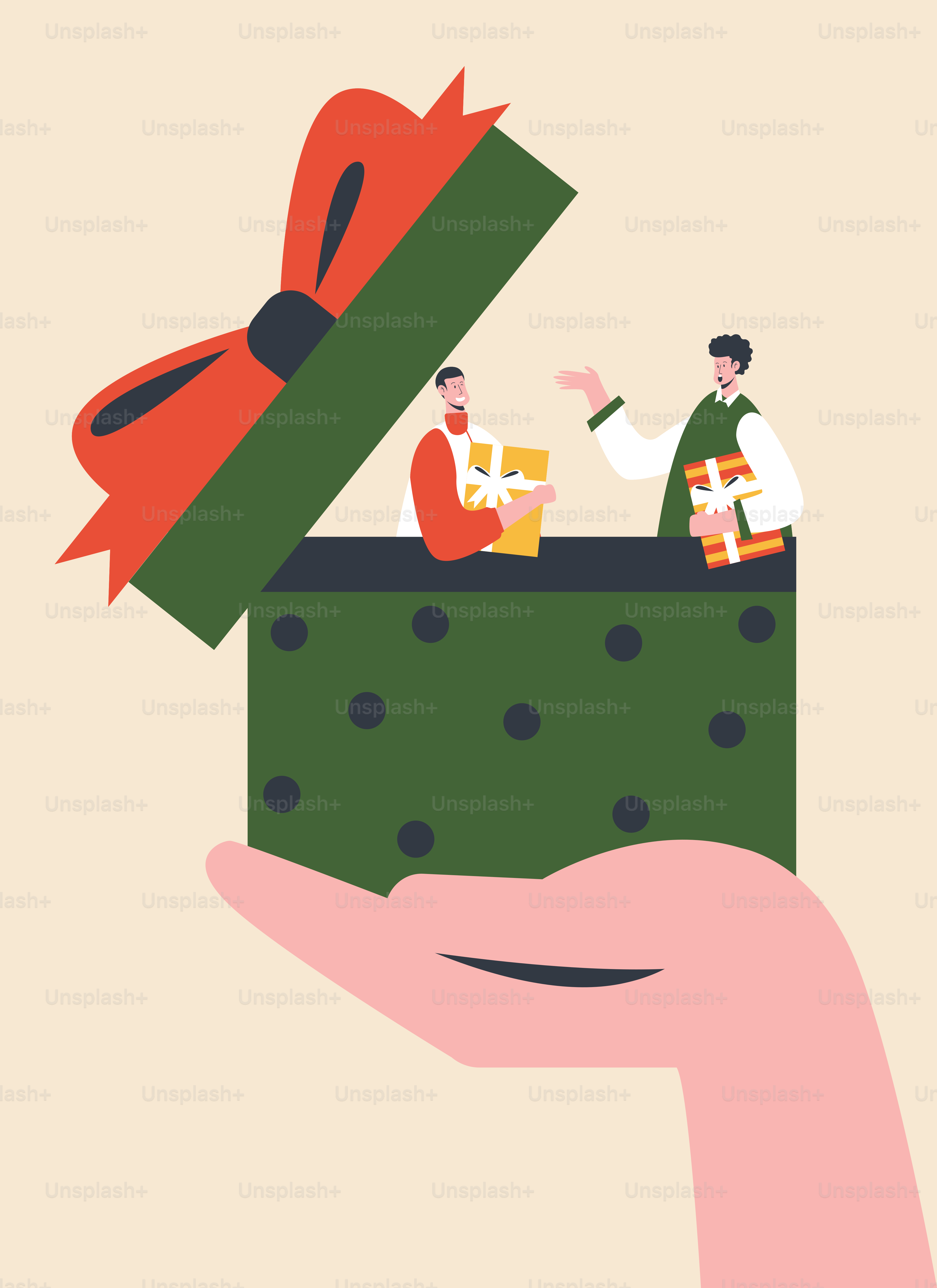 A hand holding a green gift box with a red bow