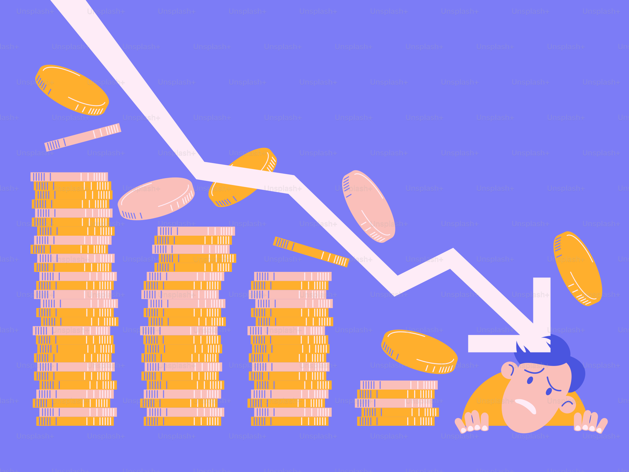 A man falling down a pile of coins