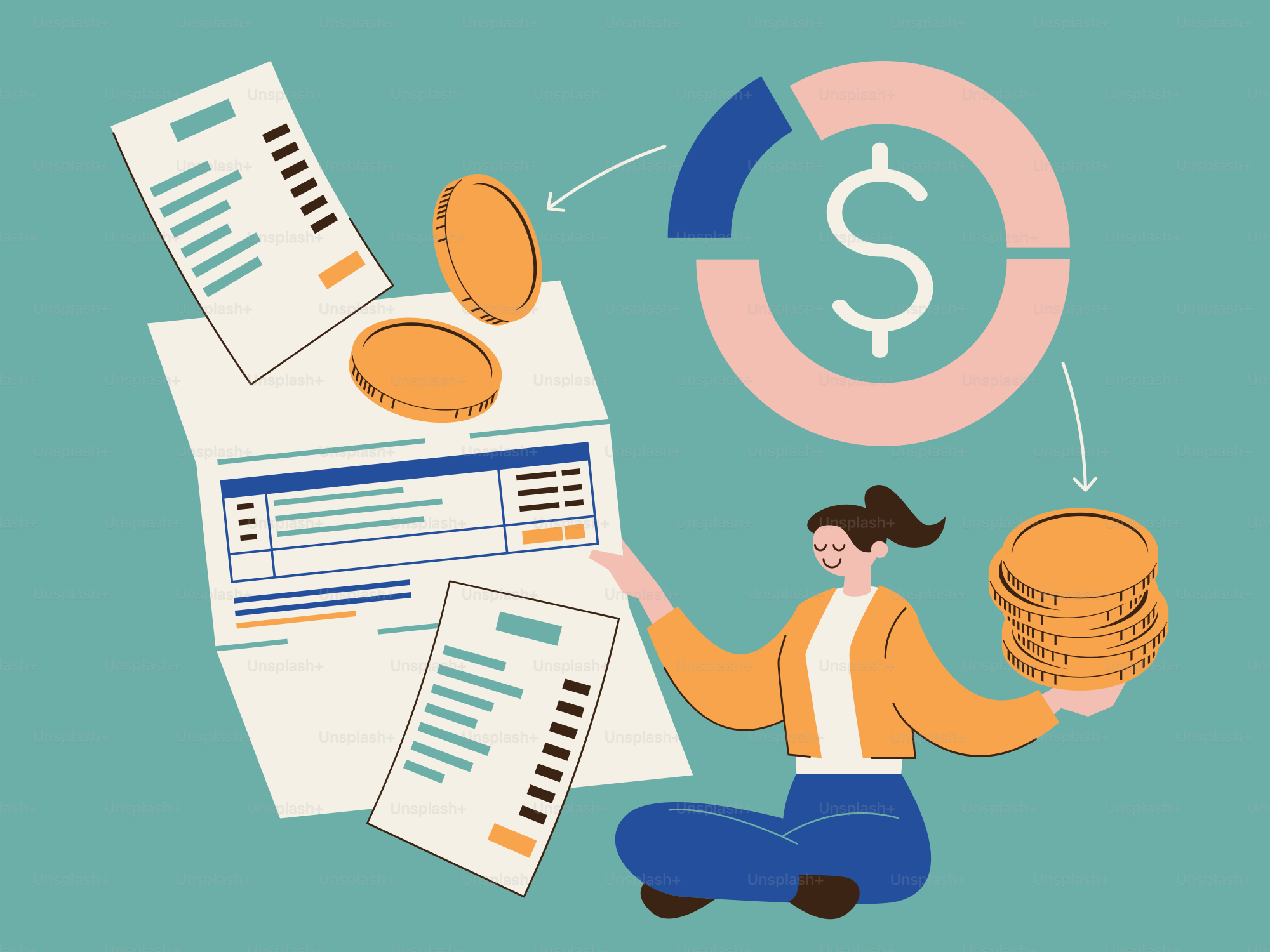 Eine Frau, die mit Geldstapeln auf dem Boden sitzt