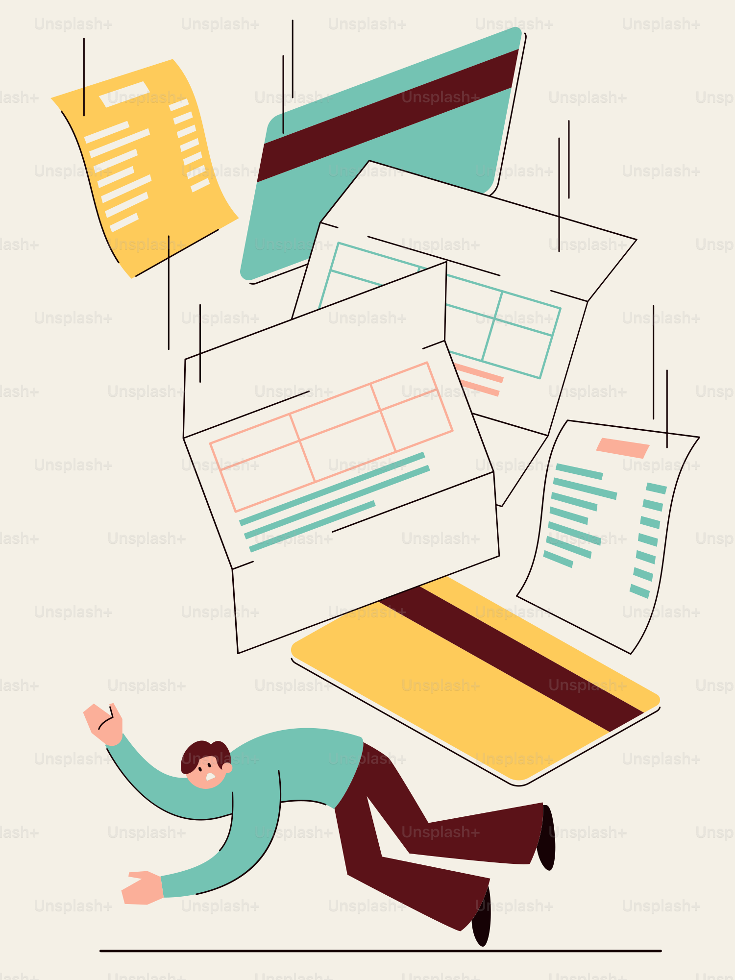 Ein Mann rennt durch einen Stapel Papiere