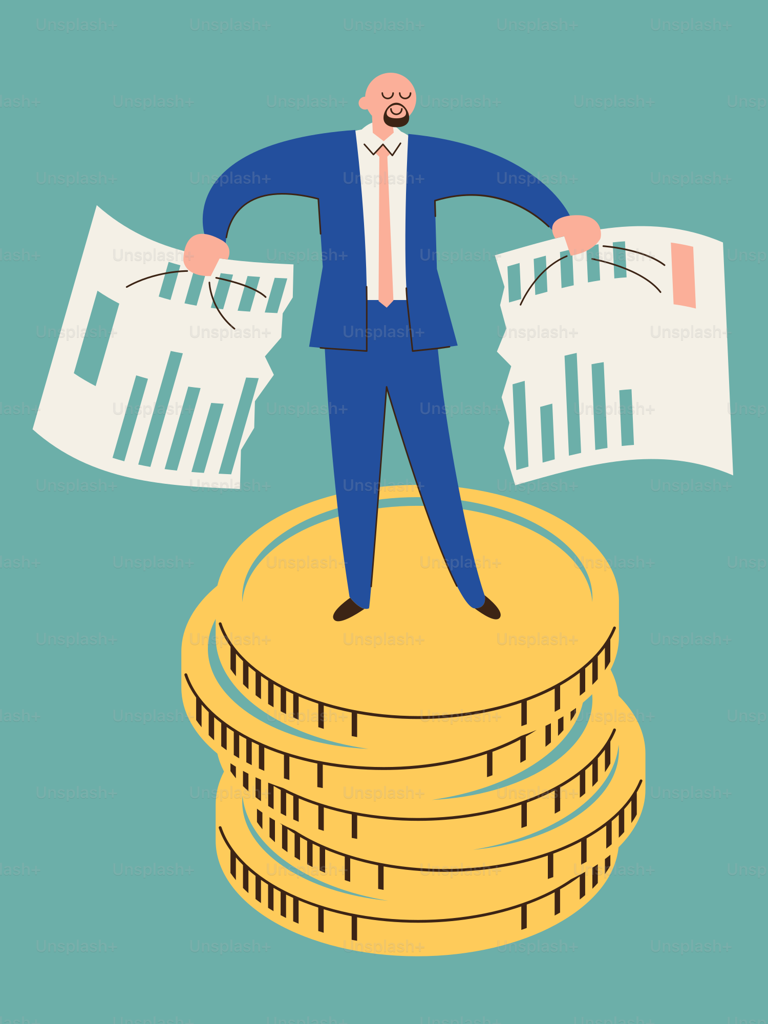 Ein Mann, der auf einem Geldhaufen steht