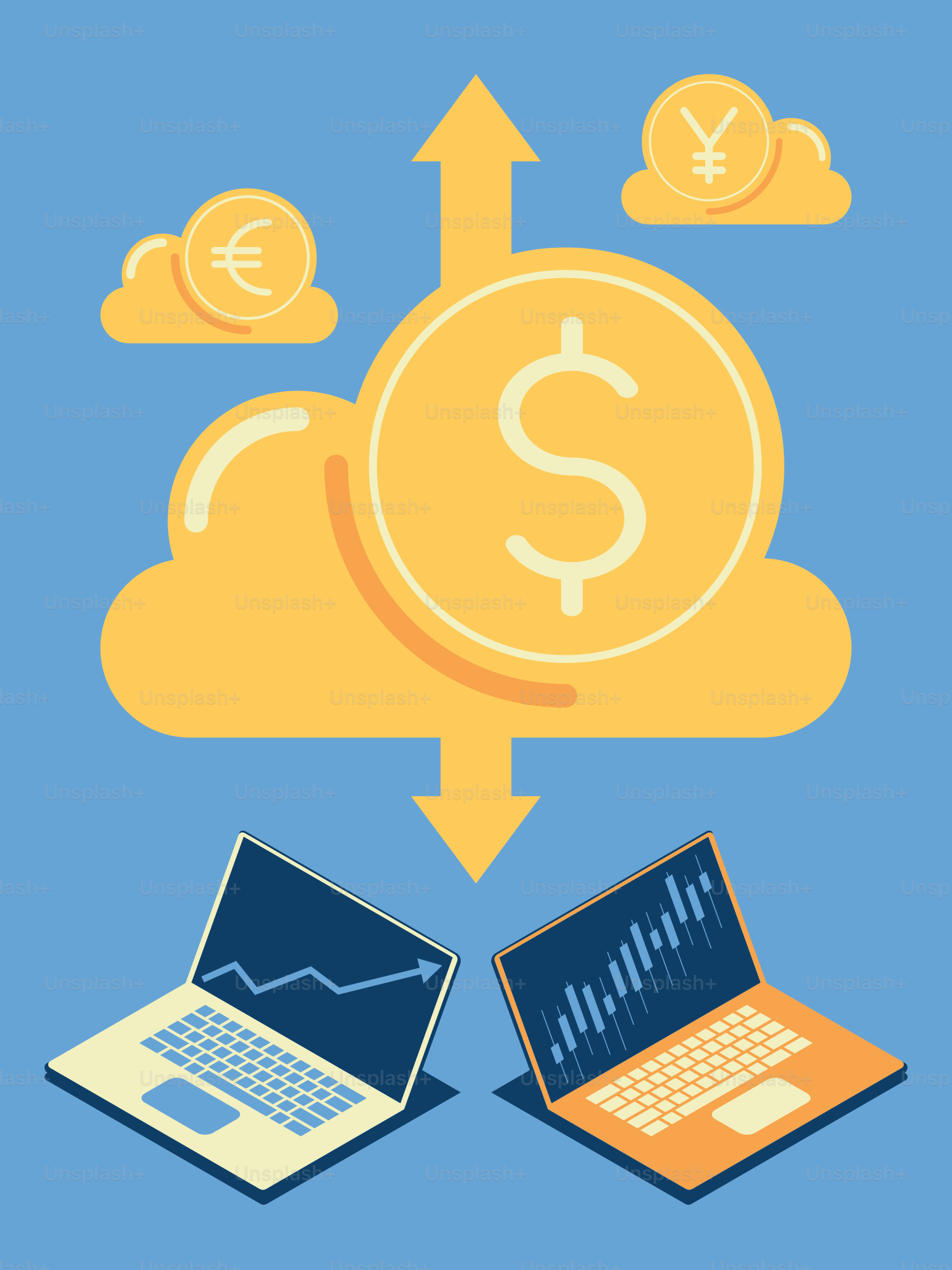 A laptop computer sitting next to a cloud with a dollar sign on top of it