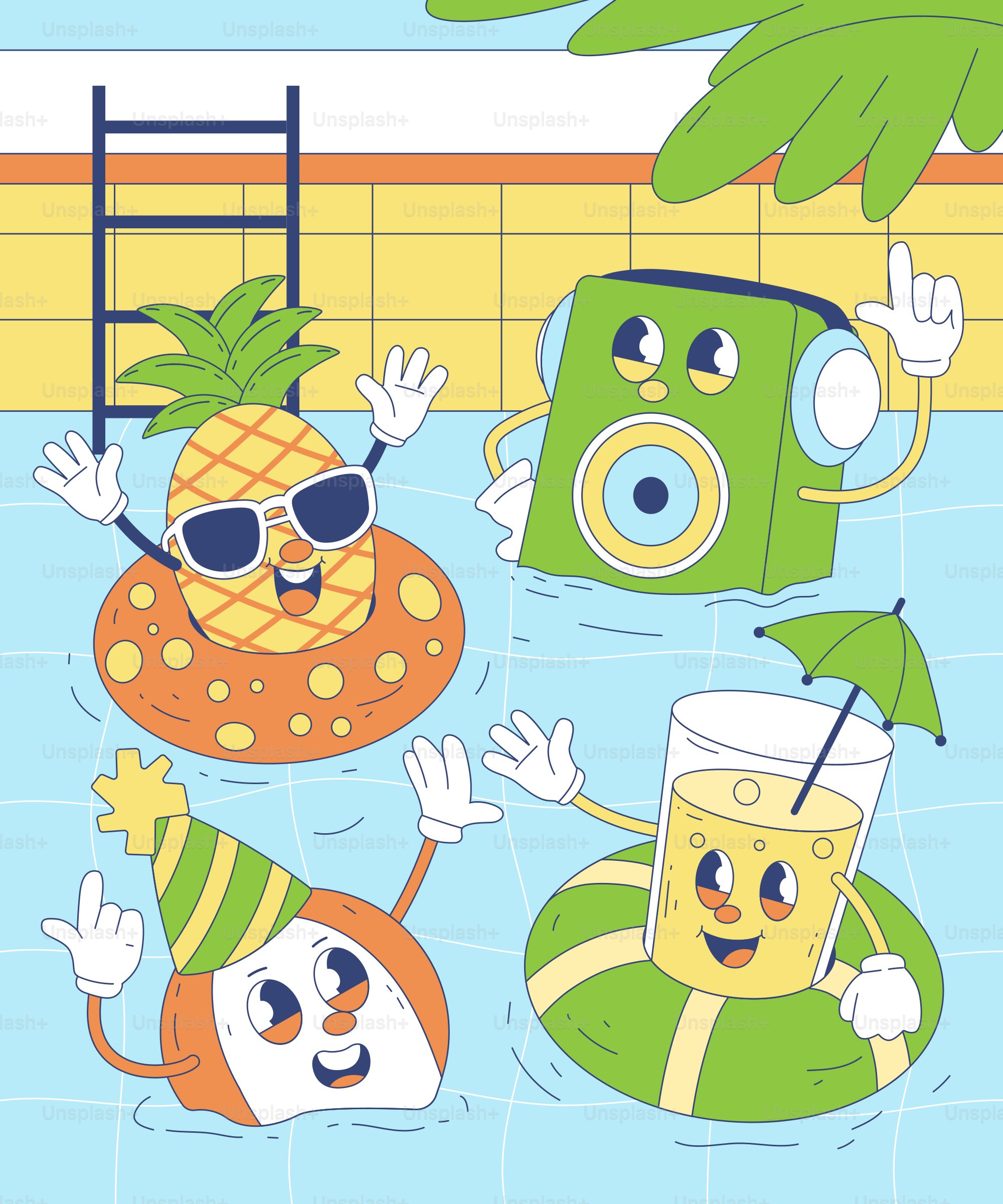 A group of cartoon characters floating in a pool