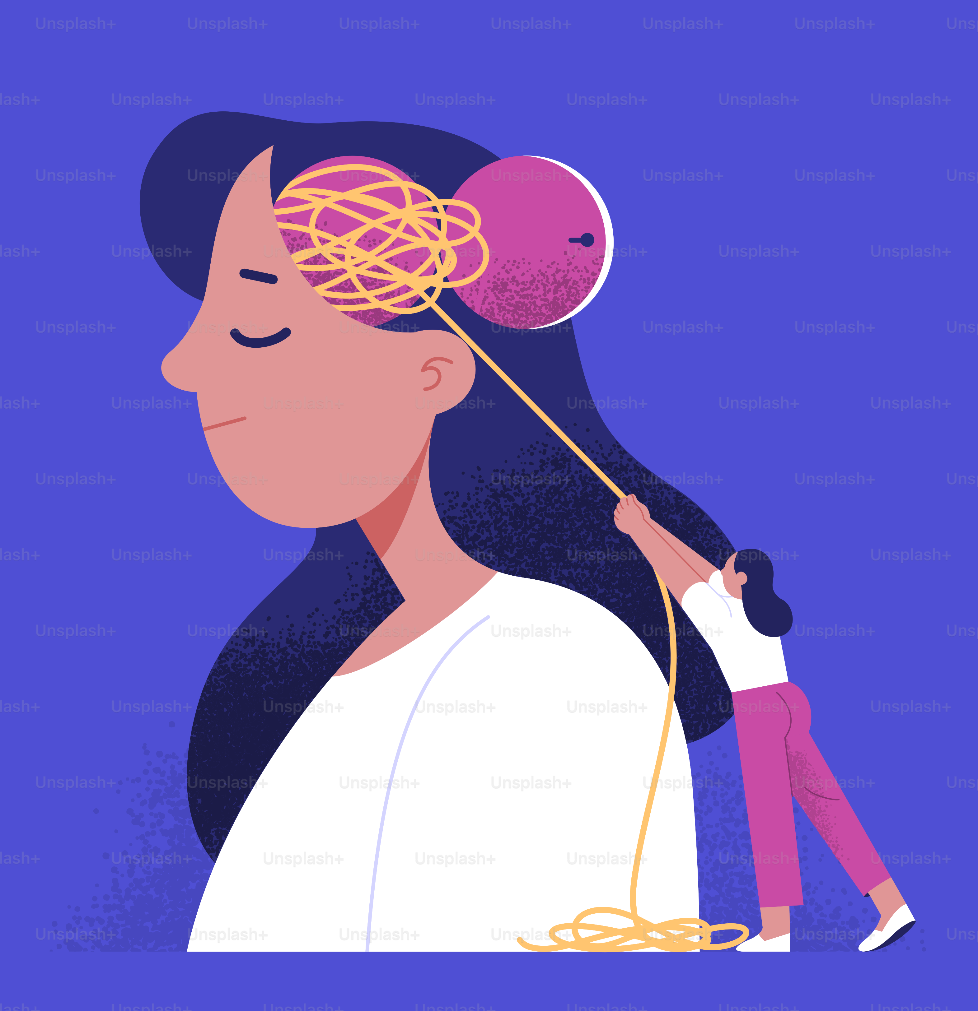 A woman with a ball of yarn on her head