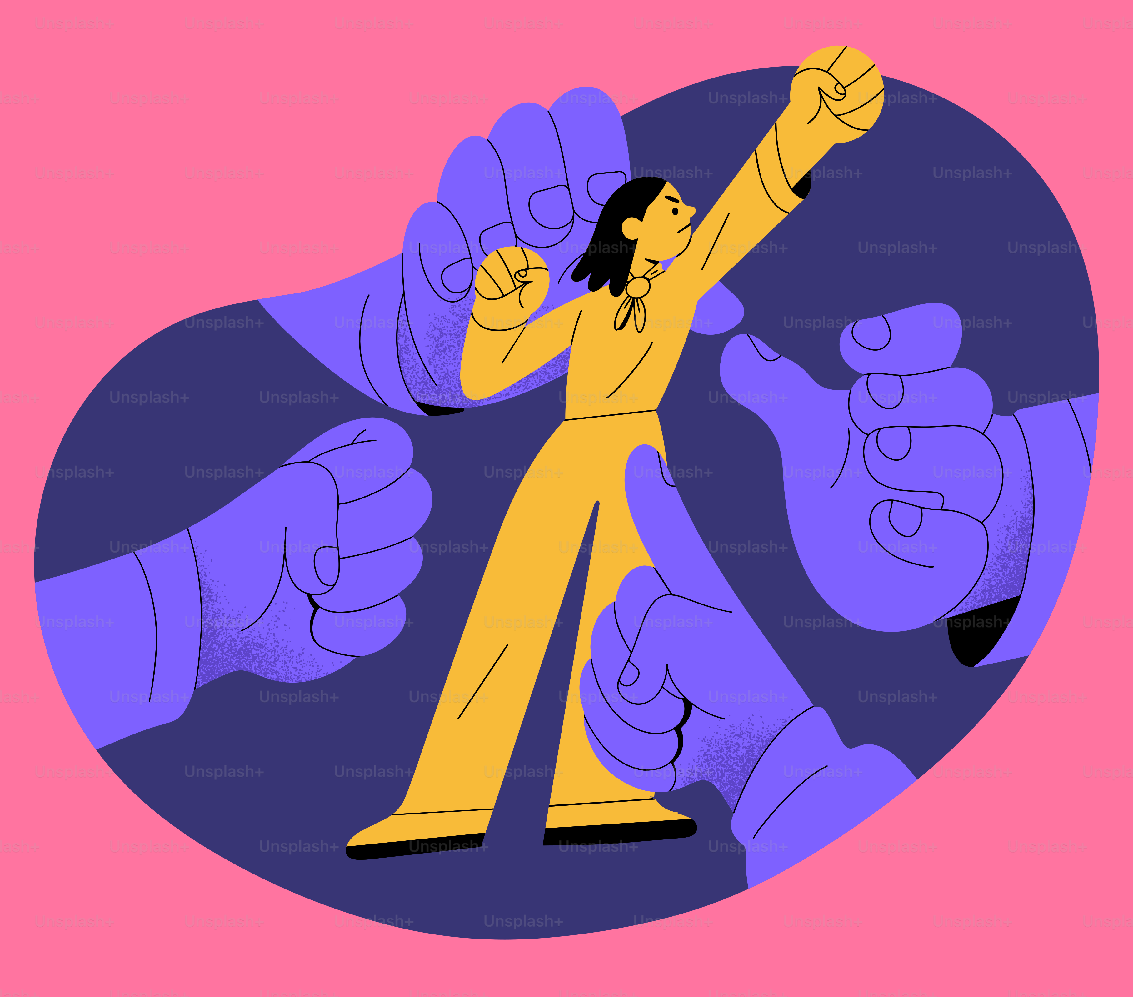 A man in a yellow jumpsuit is surrounded by fists