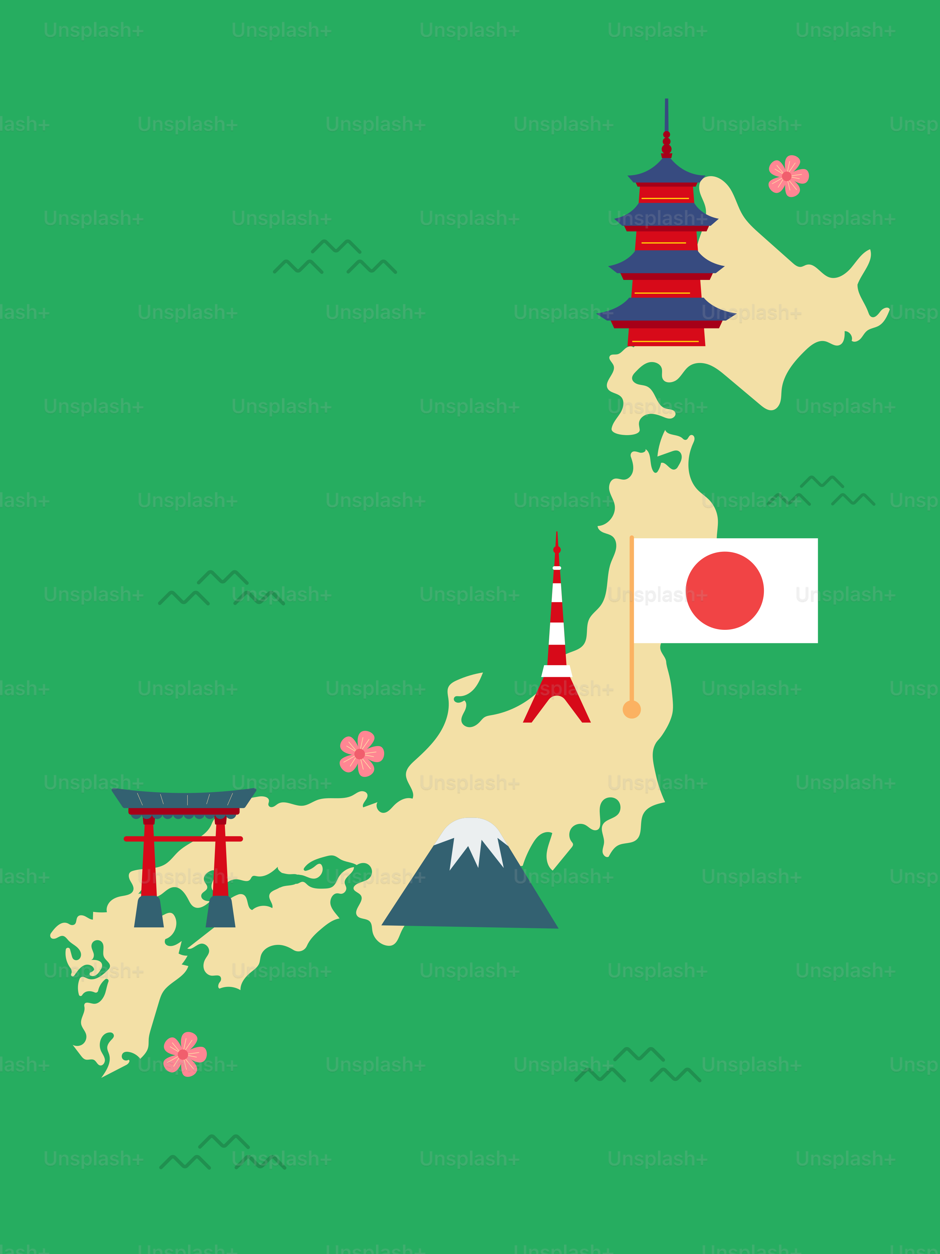 A map of japan with a flag on it