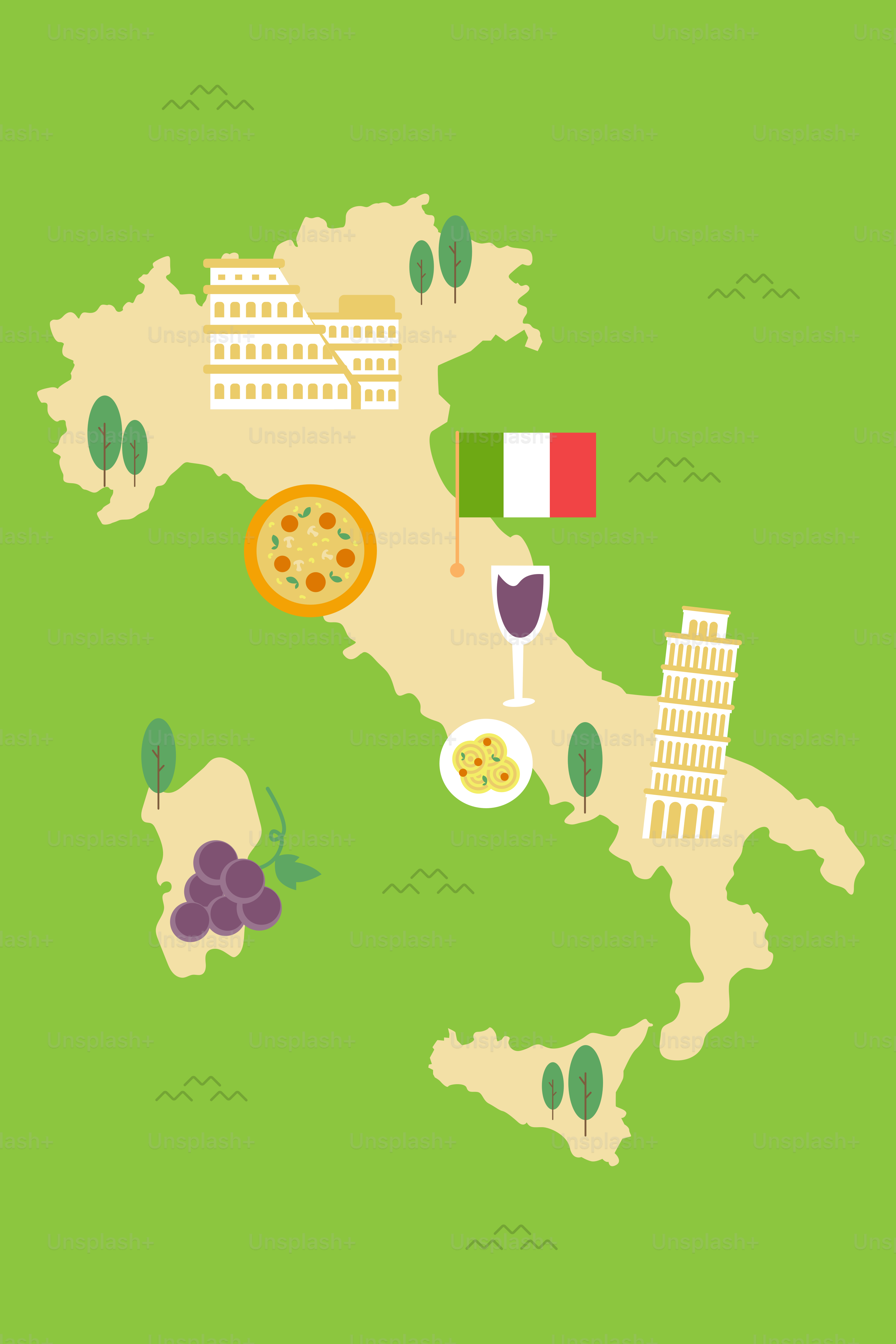 Un mapa de Italia con un montón de comida