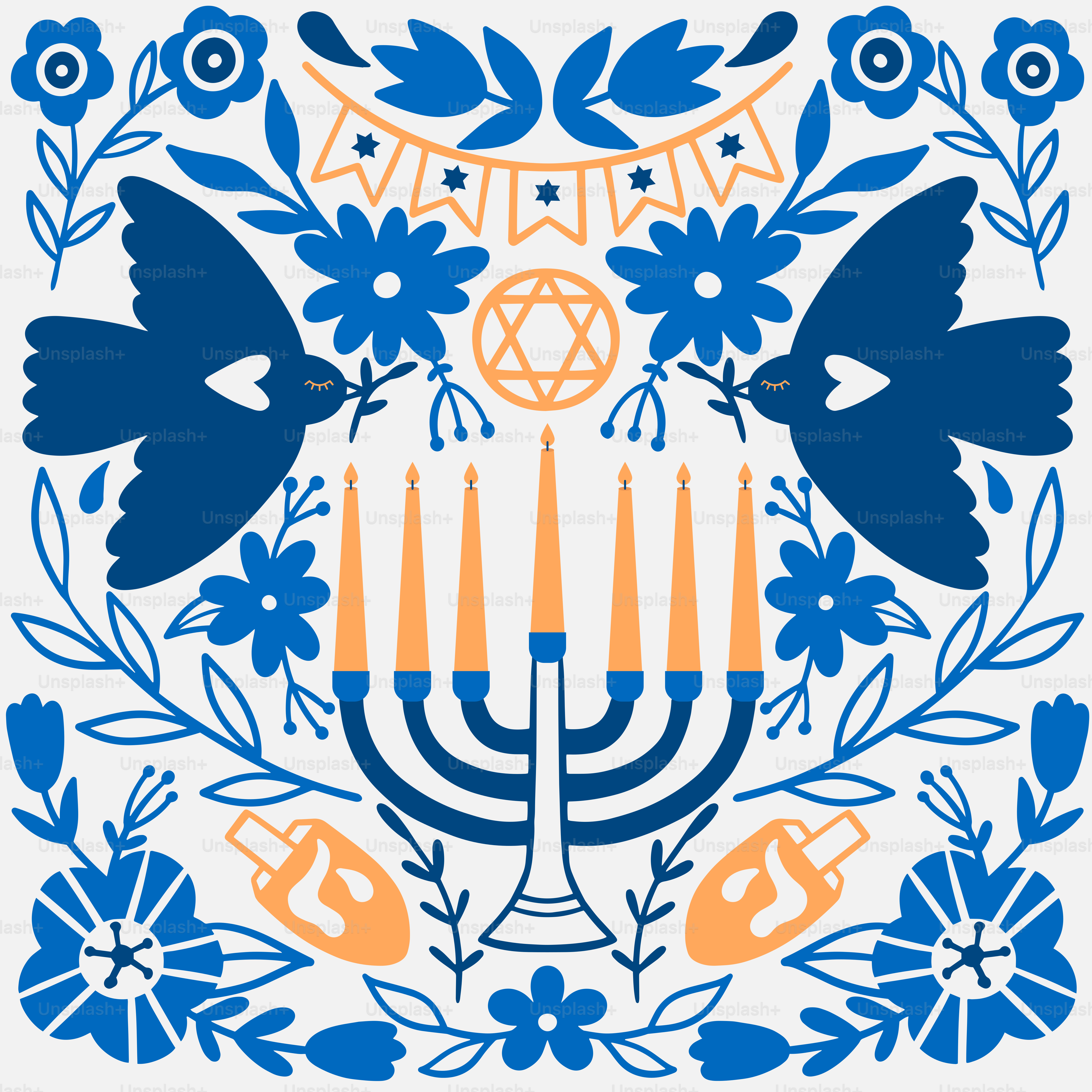 Ein blaues und orangefarbenes Design mit einer Menora