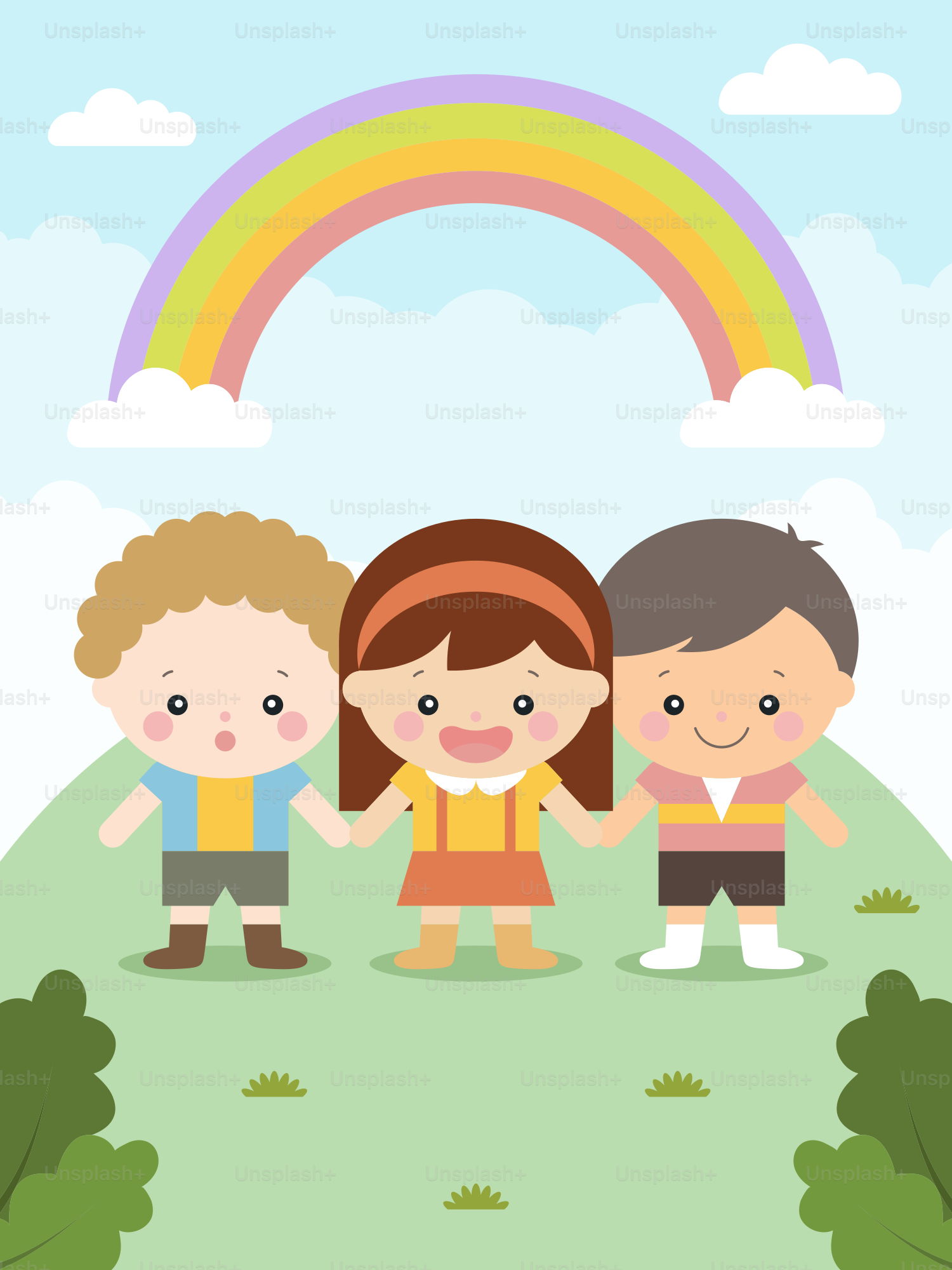 A group of children standing in front of a rainbow