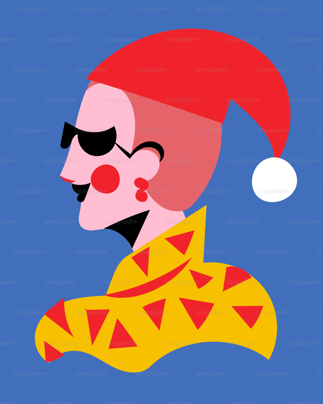 A person wearing a clown mask and a red hat