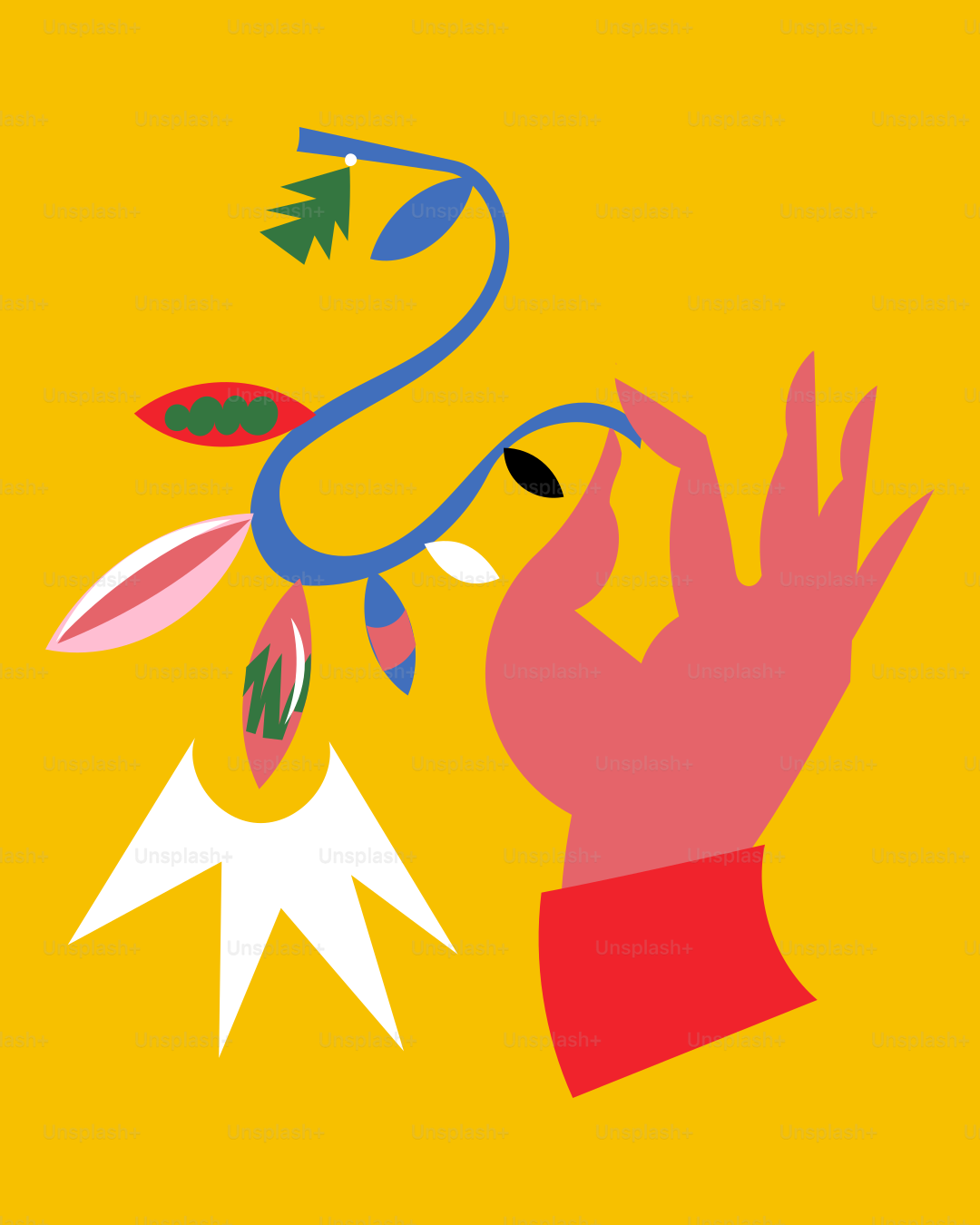 A yellow background with a hand holding a flower