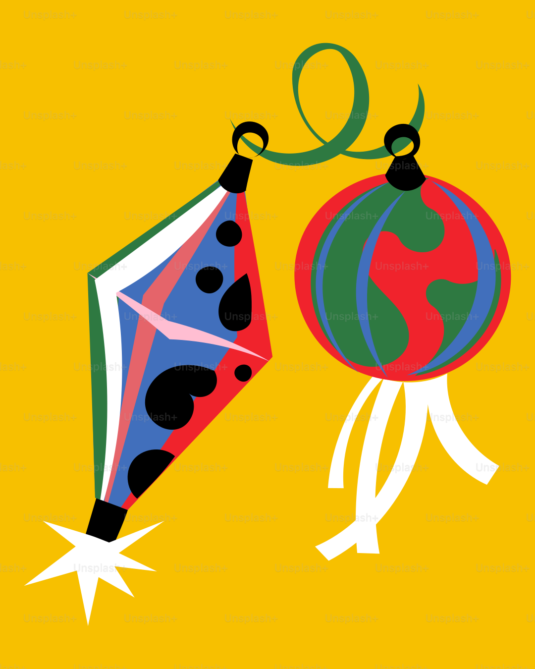 Ein Weihnachtsanhänger, der an einer Schnur auf gelbem Grund hängt