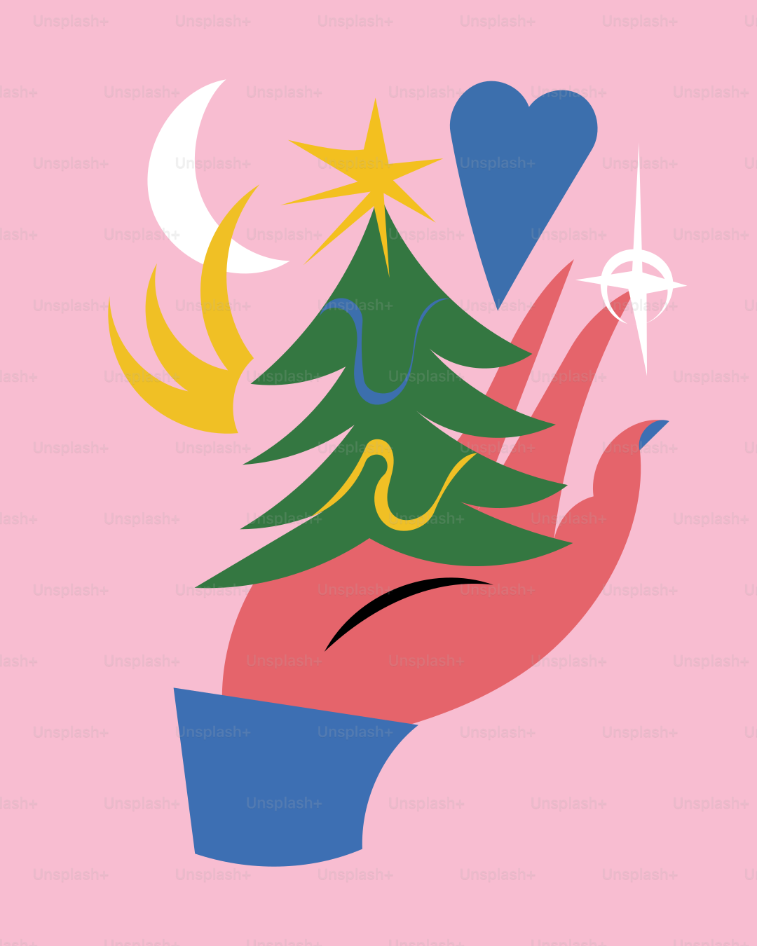 A hand holding a christmas tree on a pink background