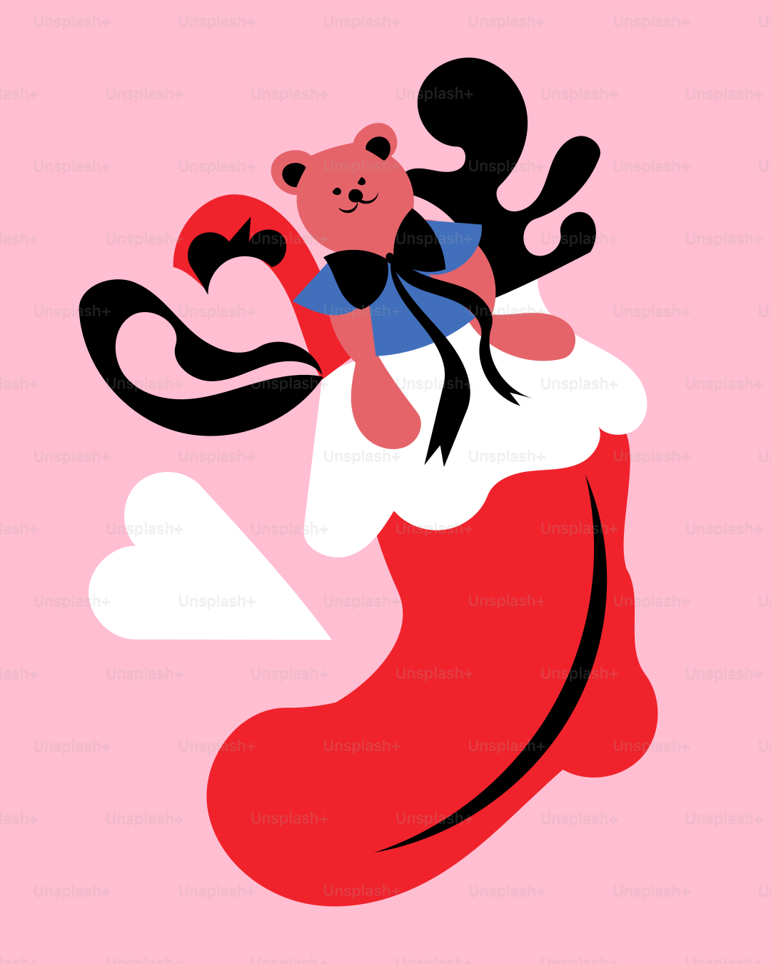 A pink background with a teddy bear in a stocking