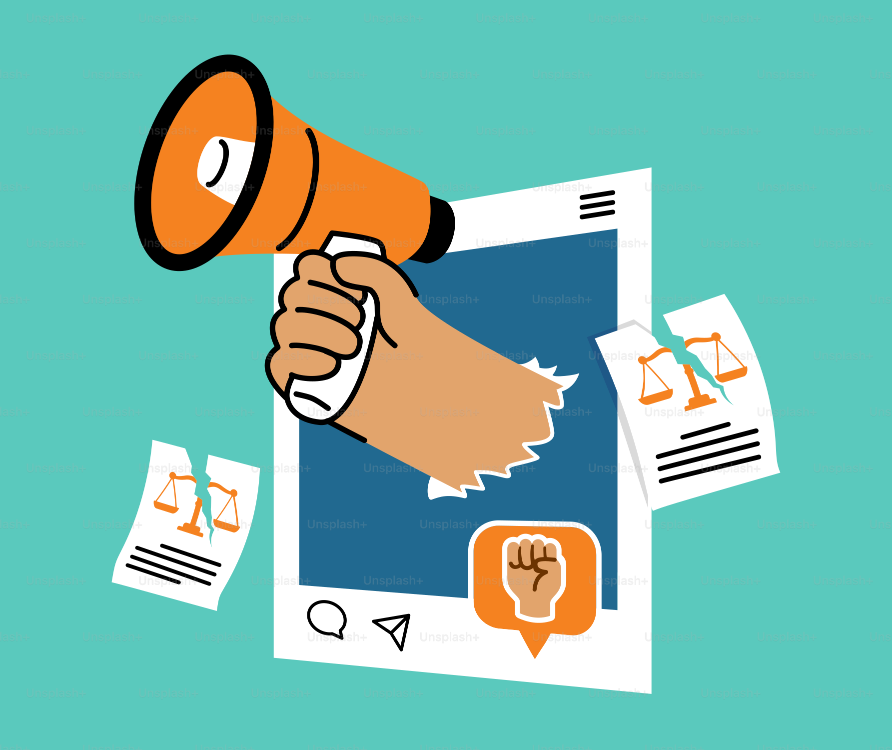 A hand holding a megaphone over a pile of papers
