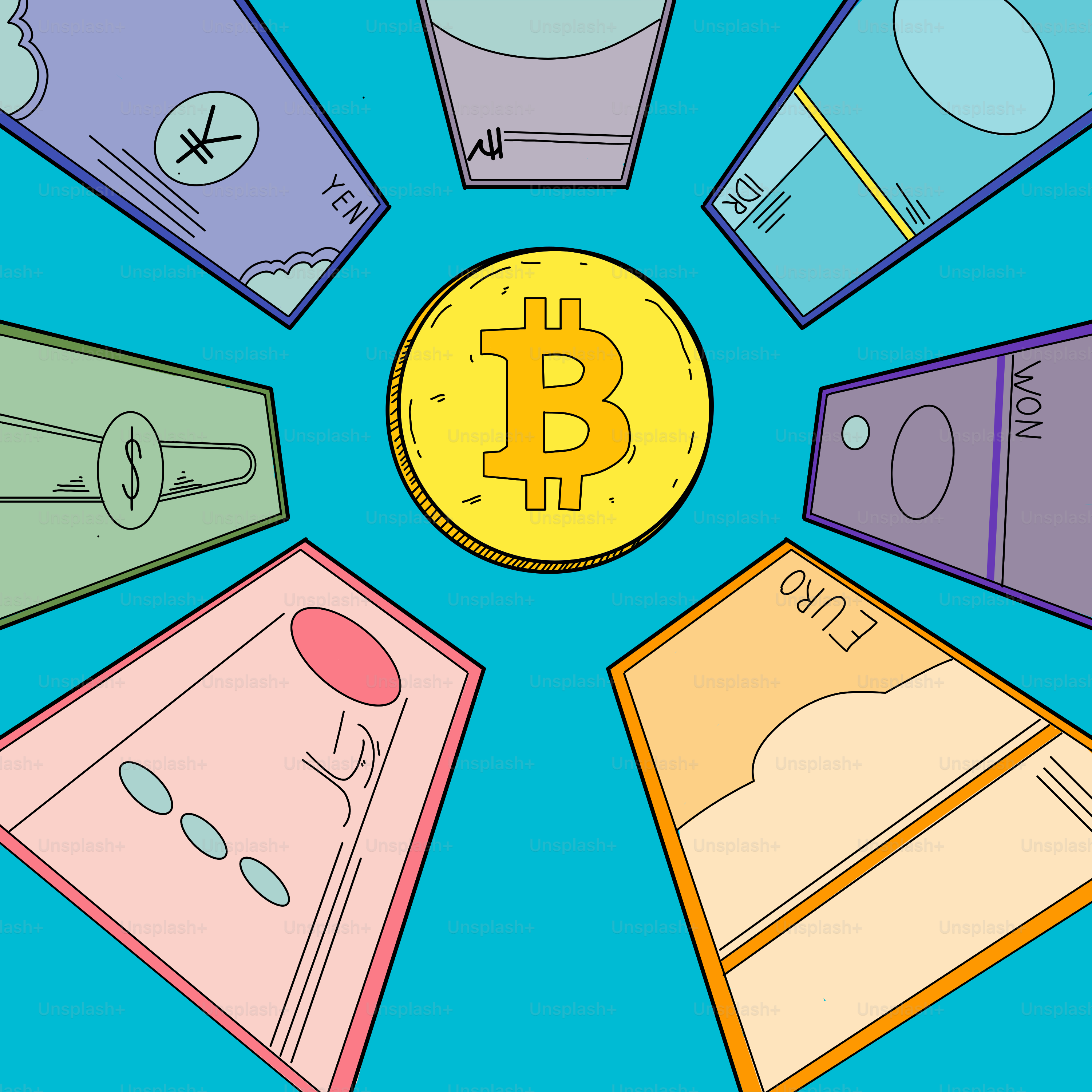 A bitcoin sitting in a circle surrounded by other items