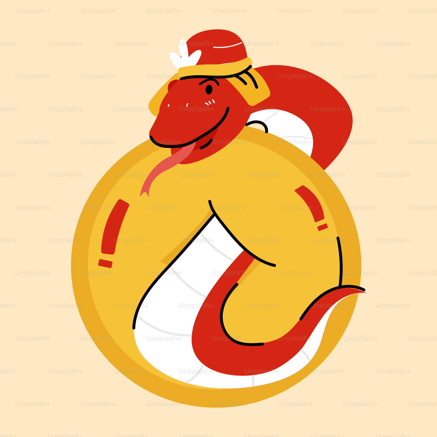 A red and yellow snake with a hat on it's head