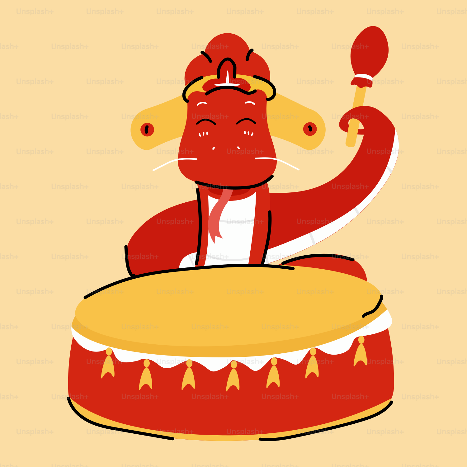 A red and yellow cartoon character sitting on top of a drum
