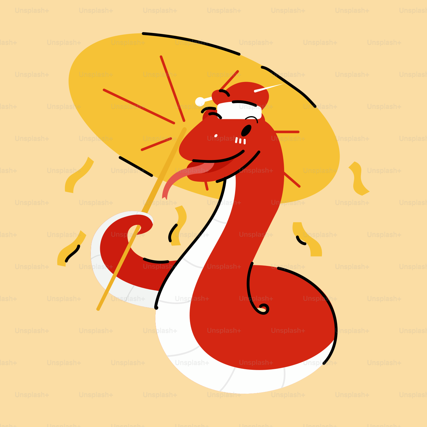 A red and white snake holding an umbrella
