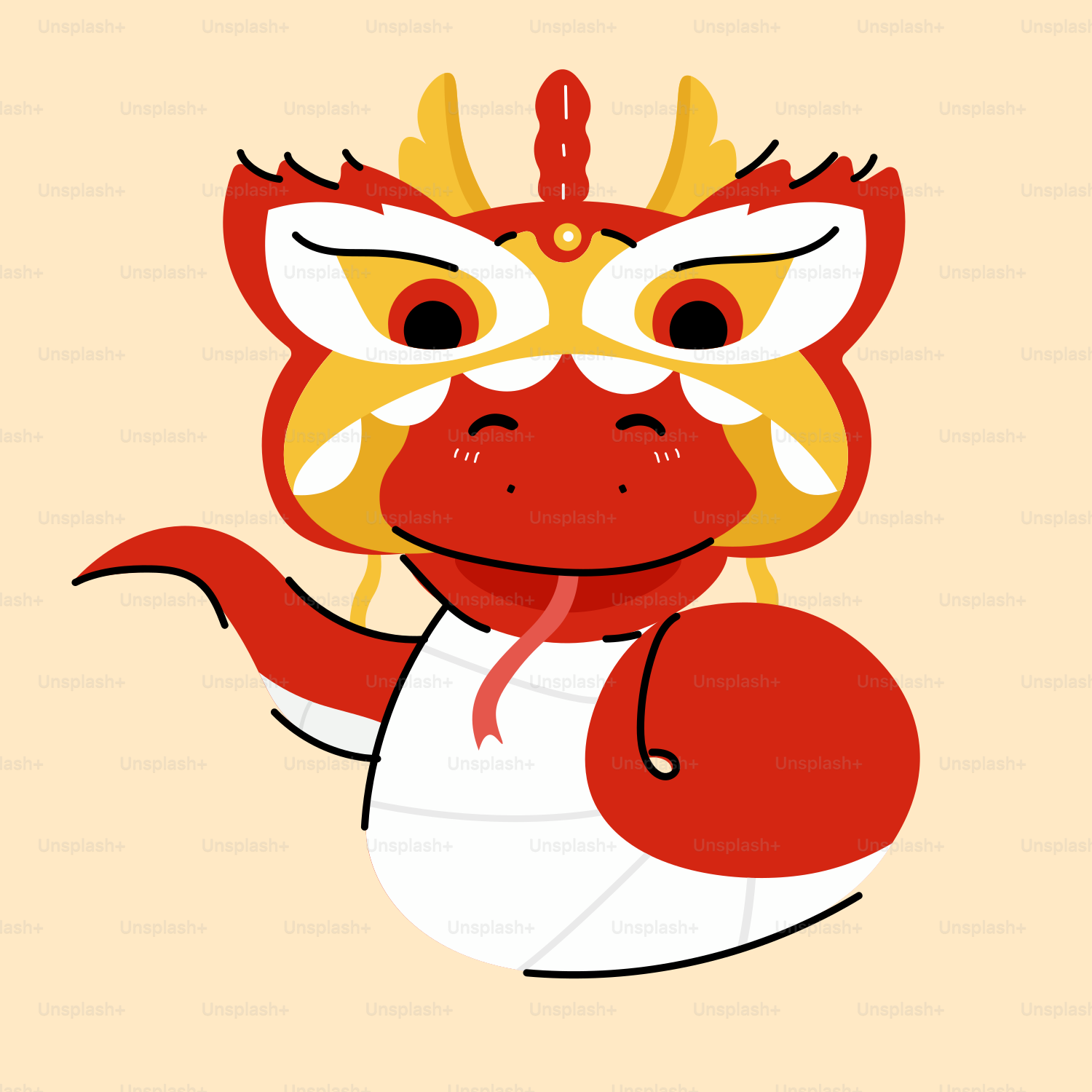 A red and white dragon with a yellow background