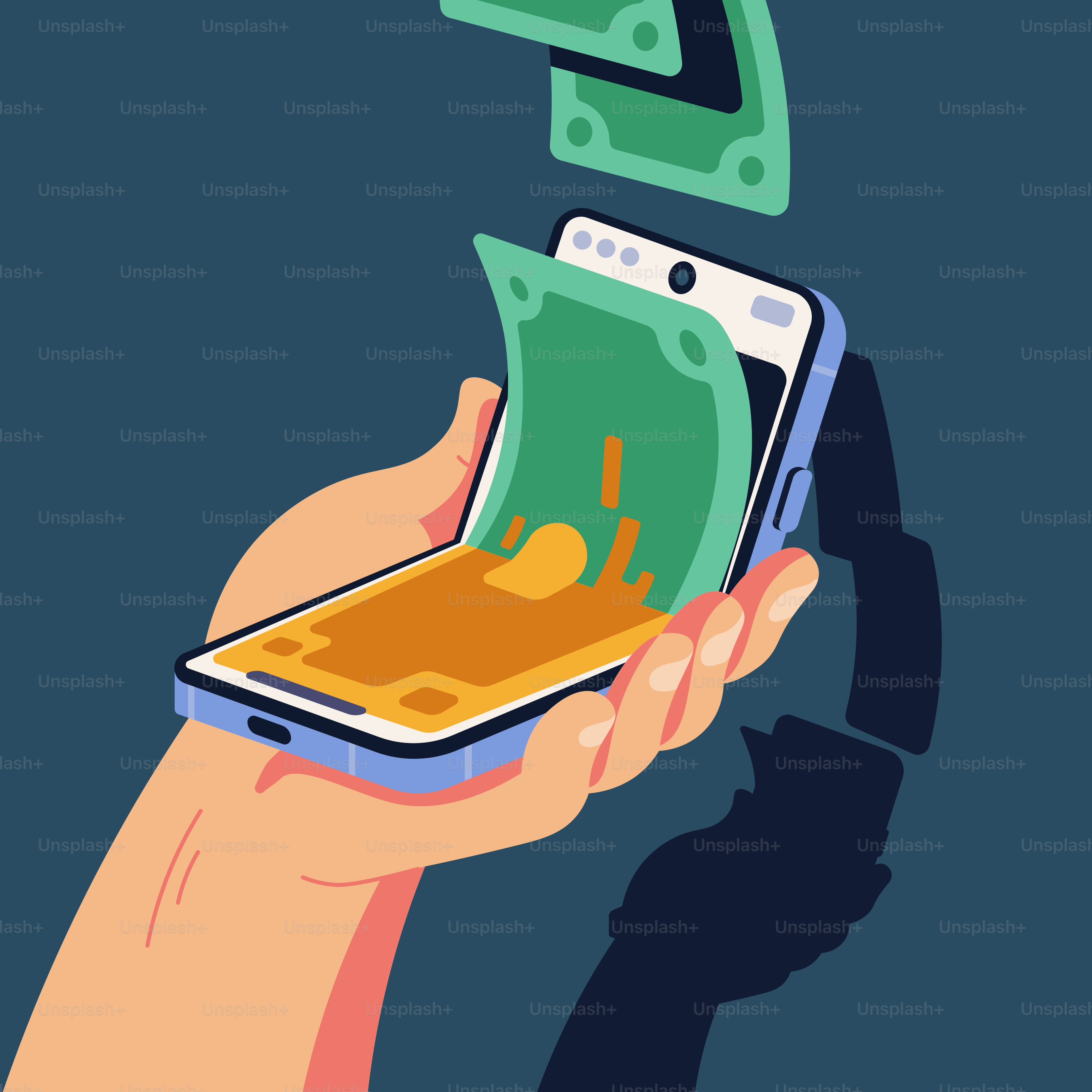 Uma pessoa segurando um smartphone com dinheiro saindo dele