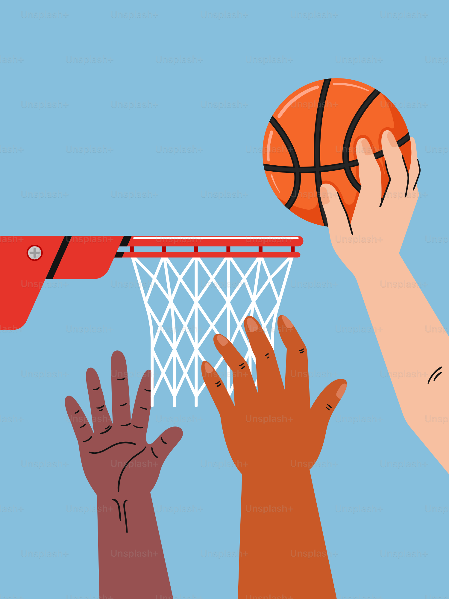 A group of people reaching for a basketball