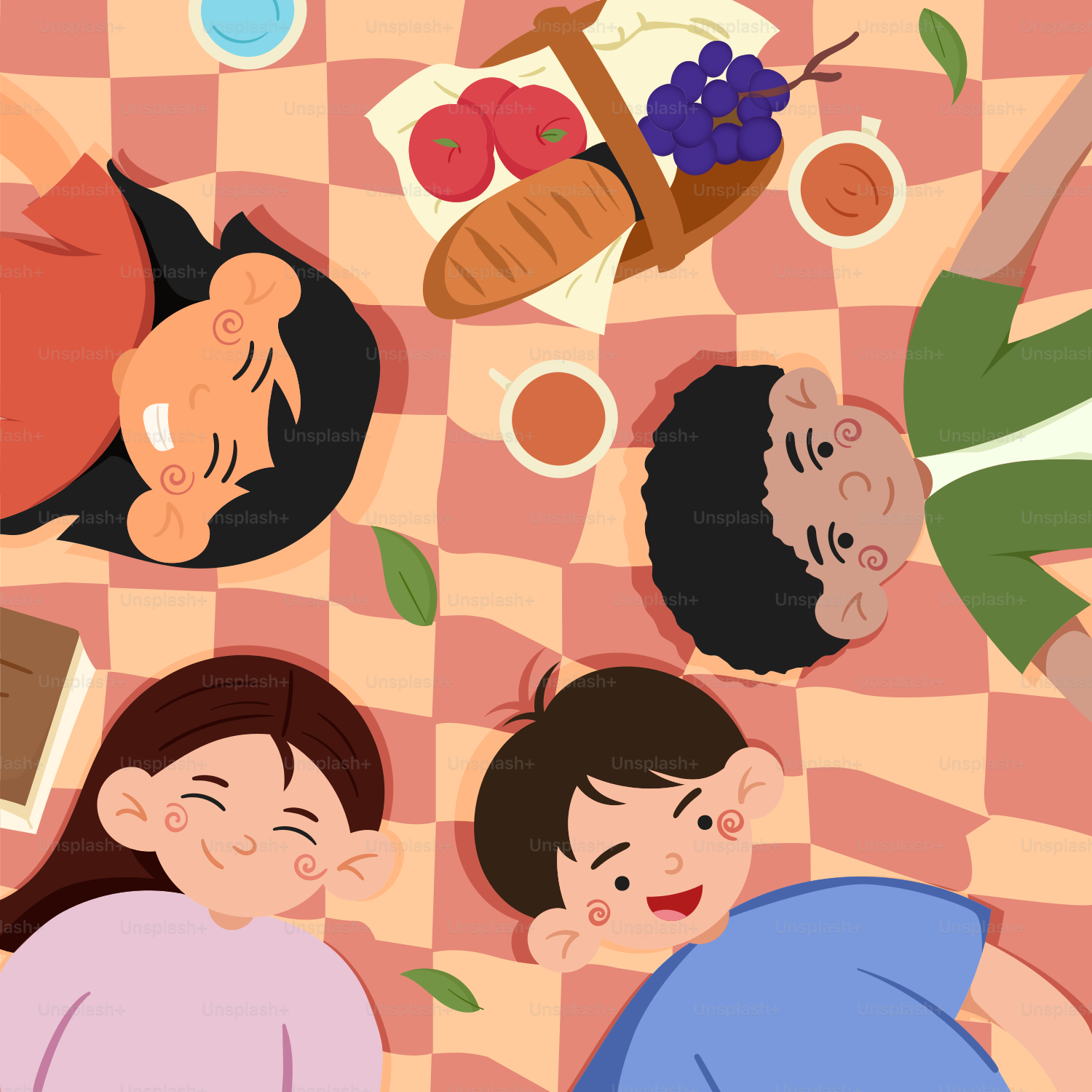 Um grupo de pessoas deitadas em cima de uma mesa xadrez
