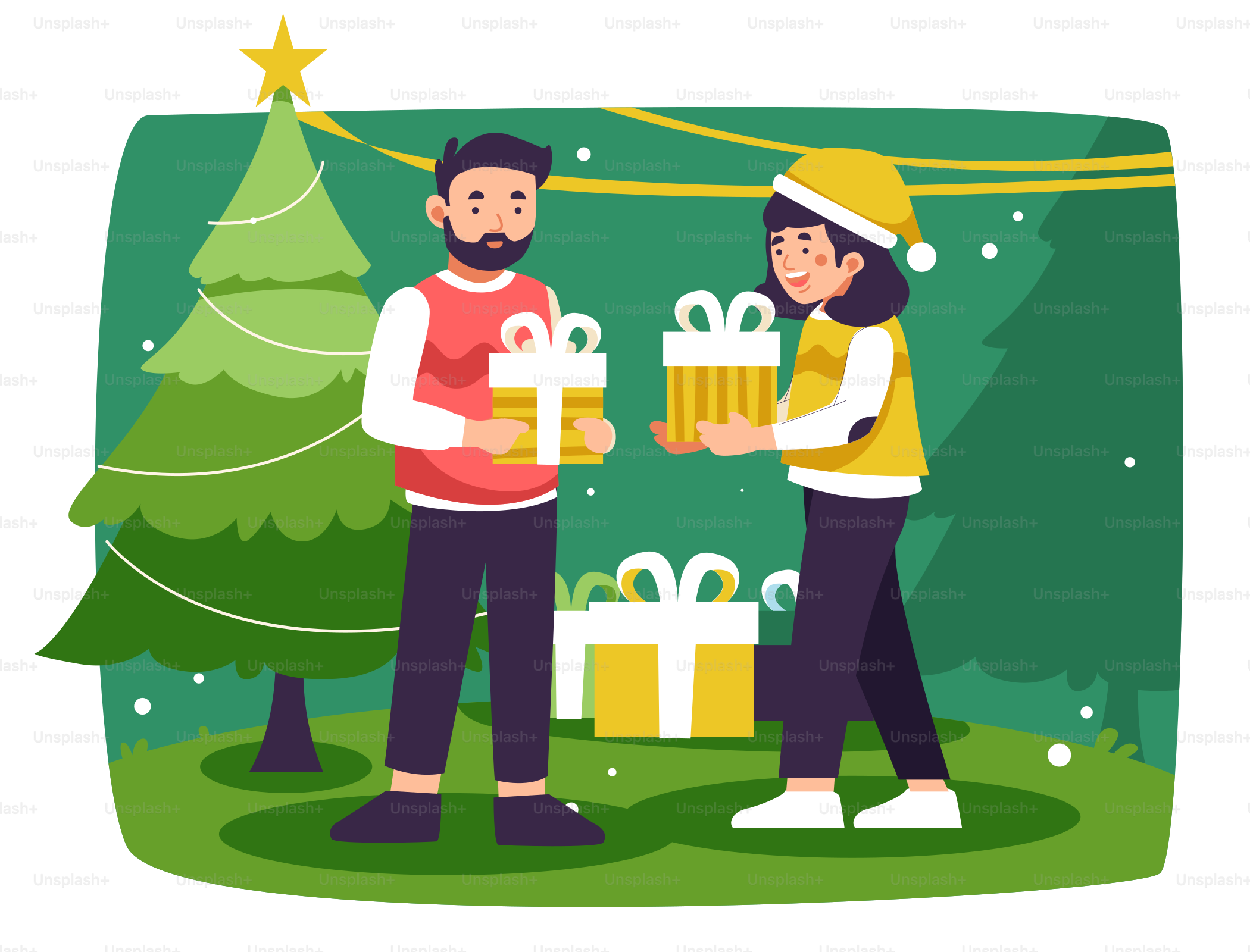 A man and a woman exchanging gifts in front of a christmas tree