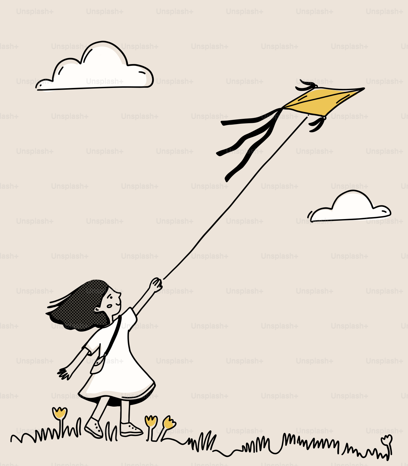 A little girl flying a kite in the sky