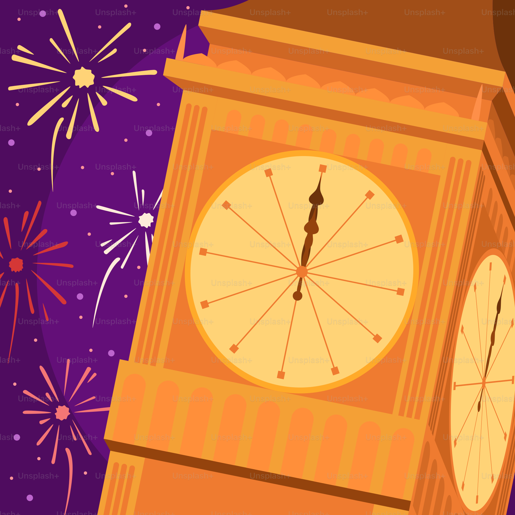 A clock tower with fireworks in the background