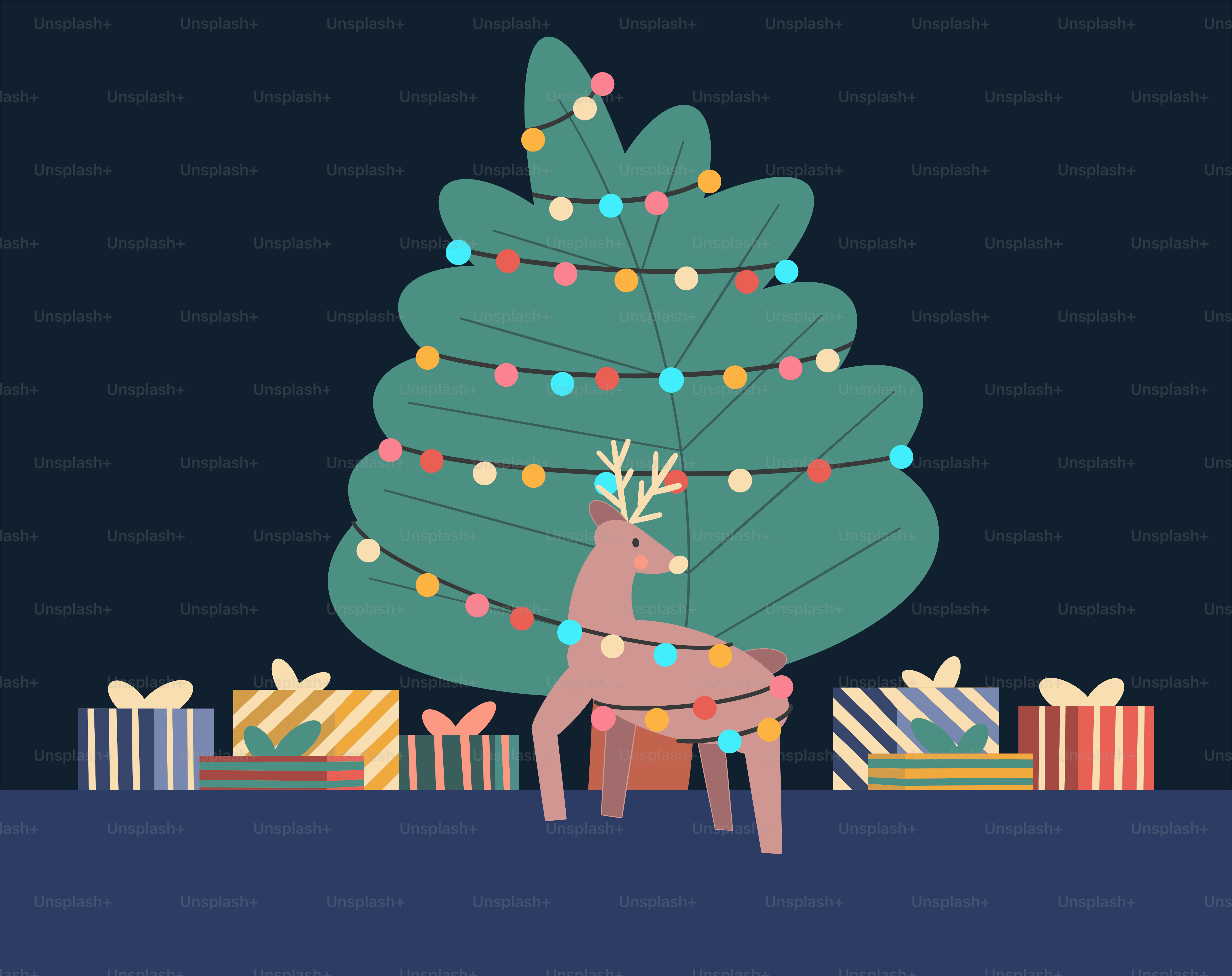 A deer sitting in front of a christmas tree