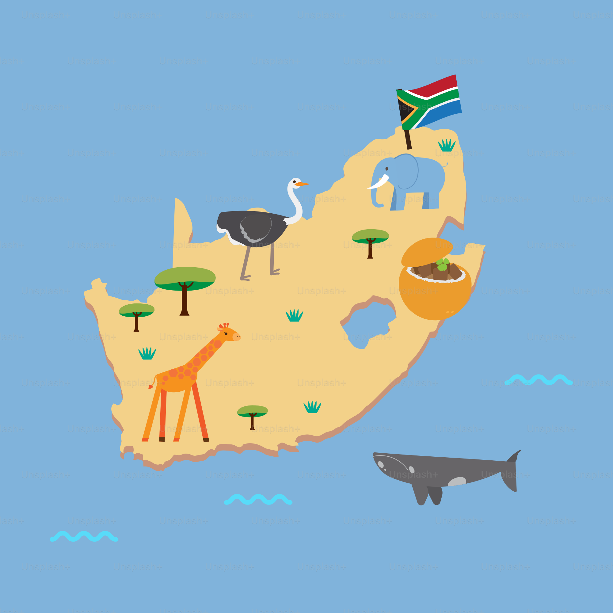 A map of south africa with animals and a flag