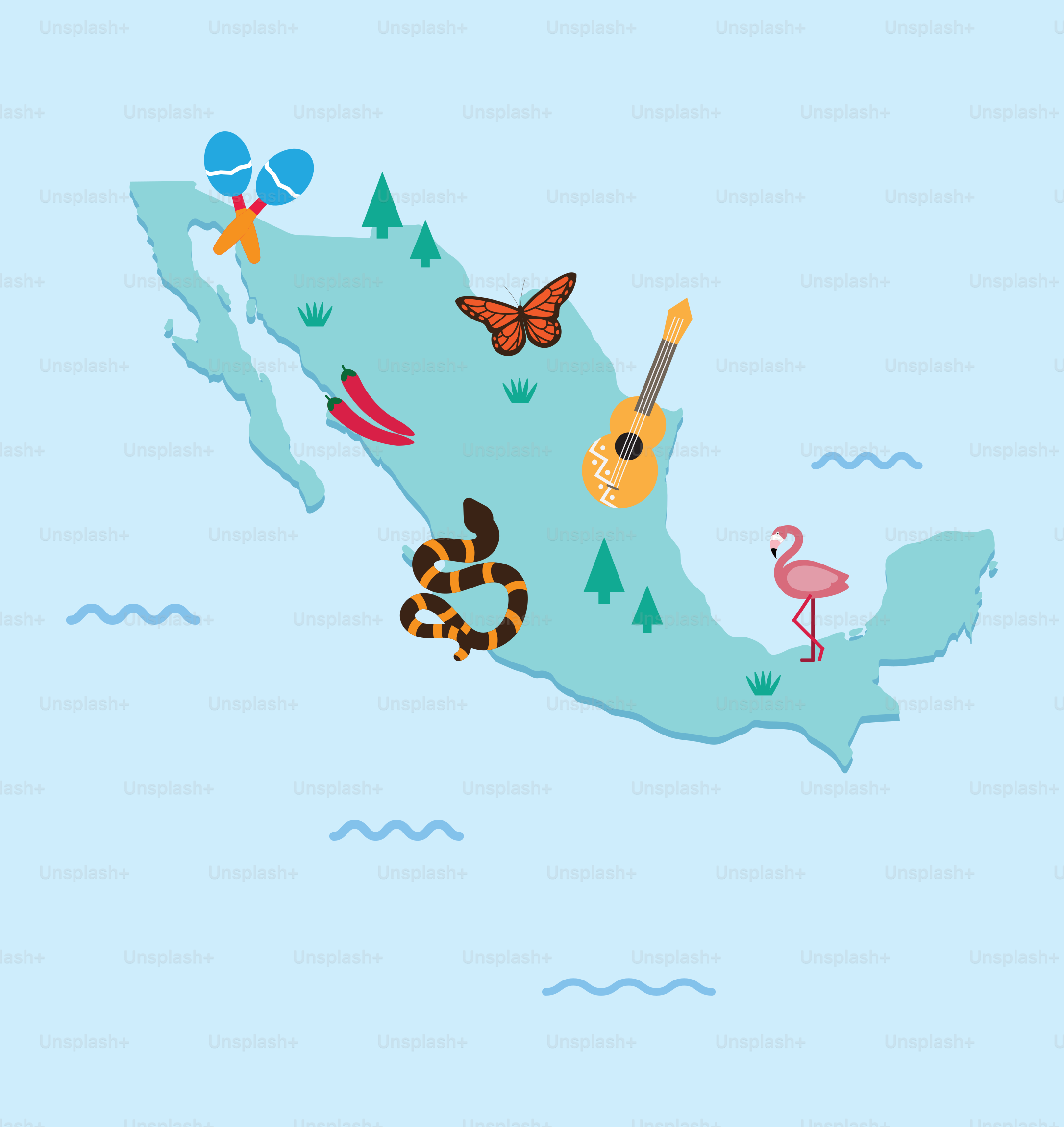 Une carte de l’État du Mexique avec animaux et oiseaux