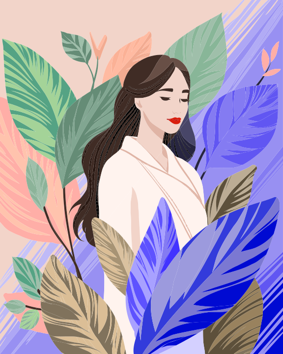 長い髪の女性が植物の前に立っている