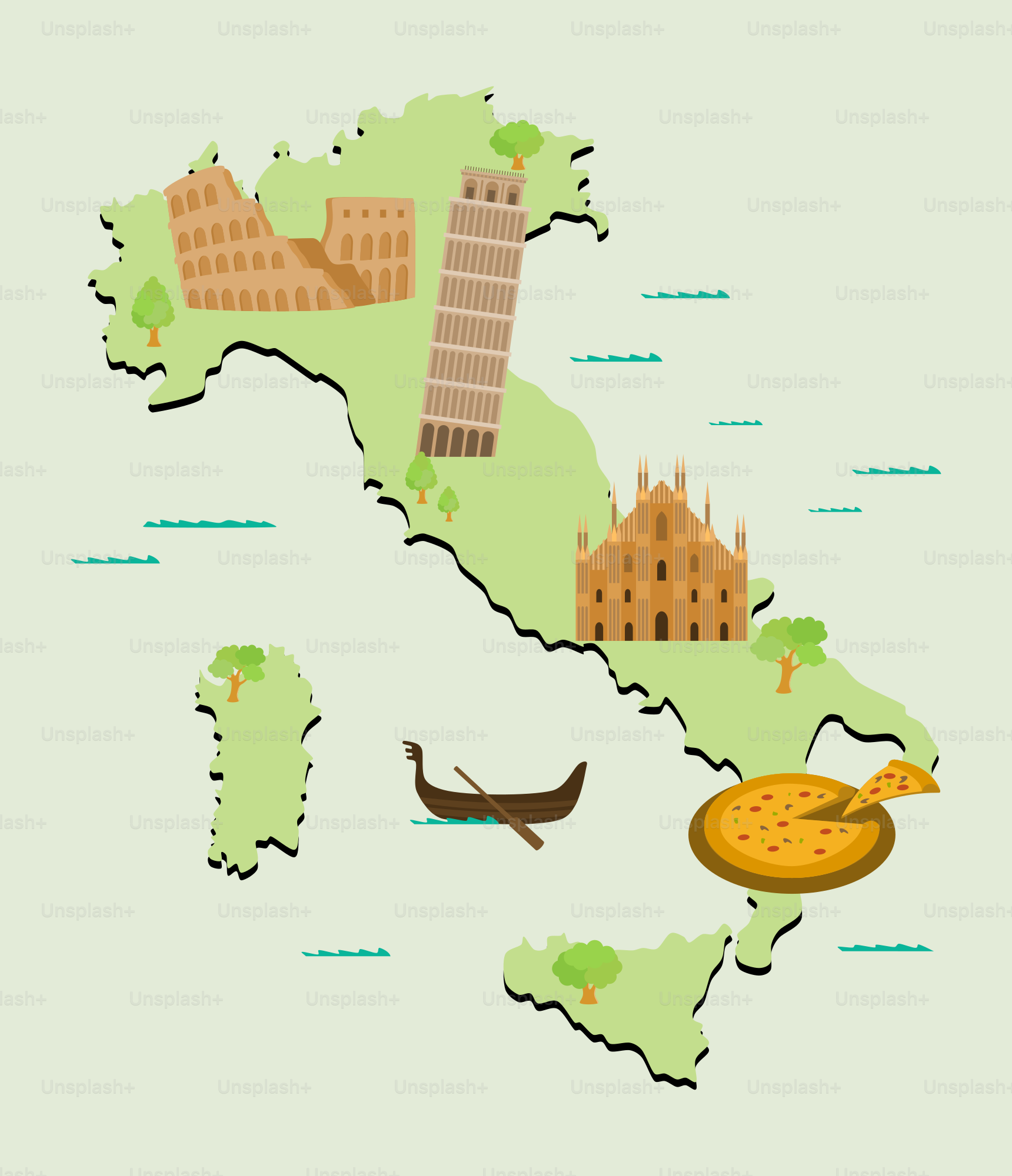 Eine Karte von Italien mit vielen verschiedenen Dingen darauf