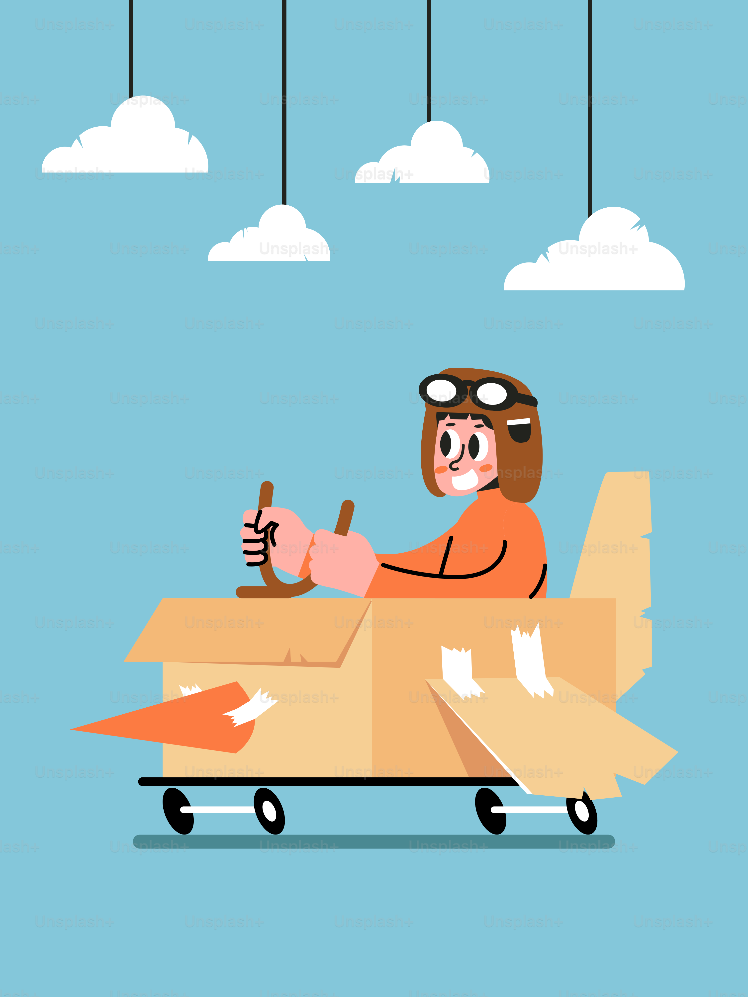 A man sitting on top of a cardboard airplane