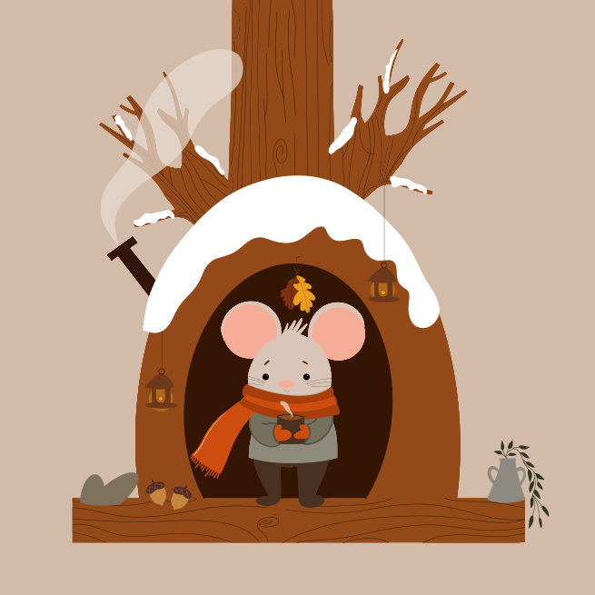 Un ratón de dibujos animados está en un horno de leña