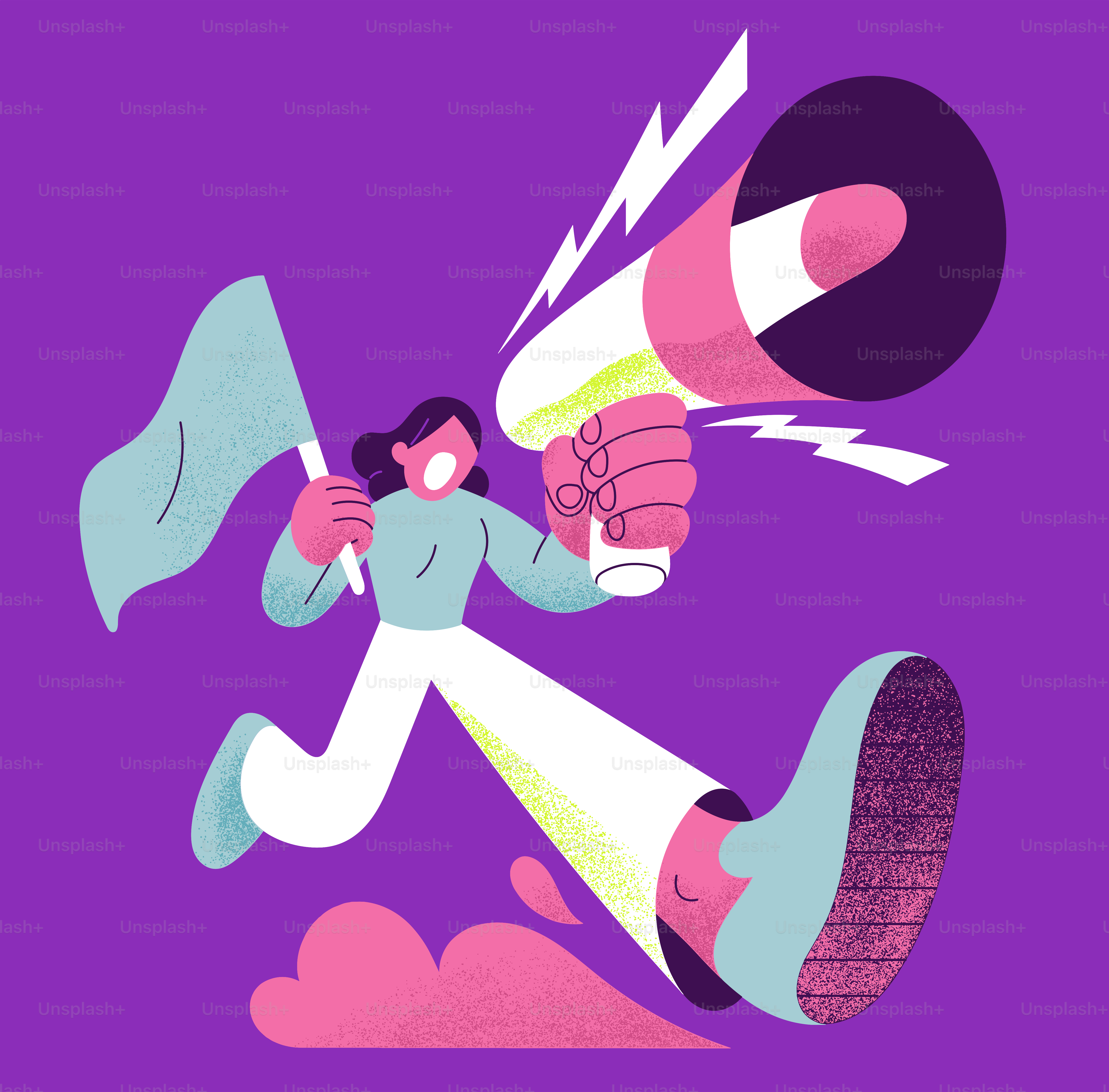 A woman running with a megaphone in her hand