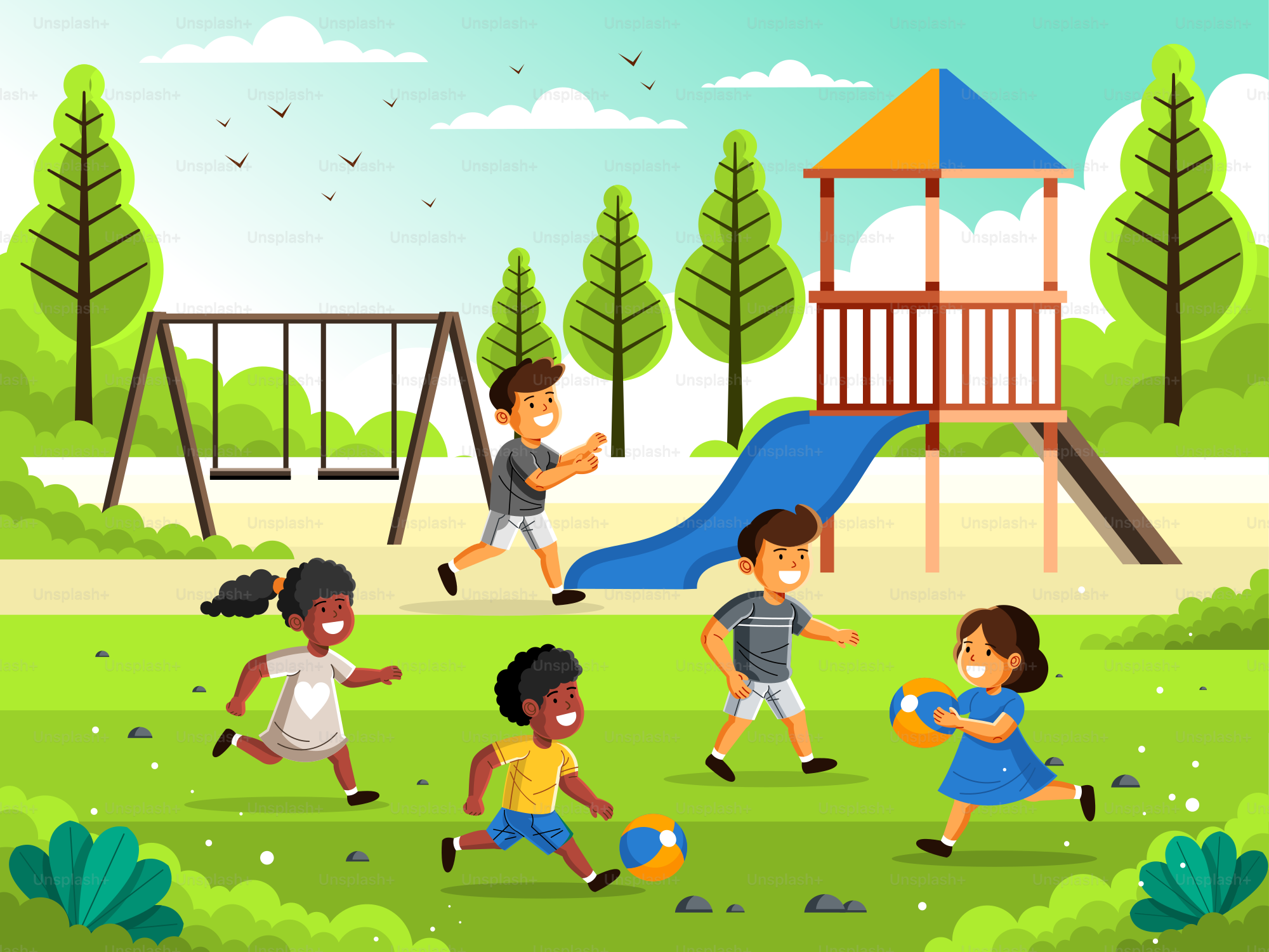 A group of children playing in a park
