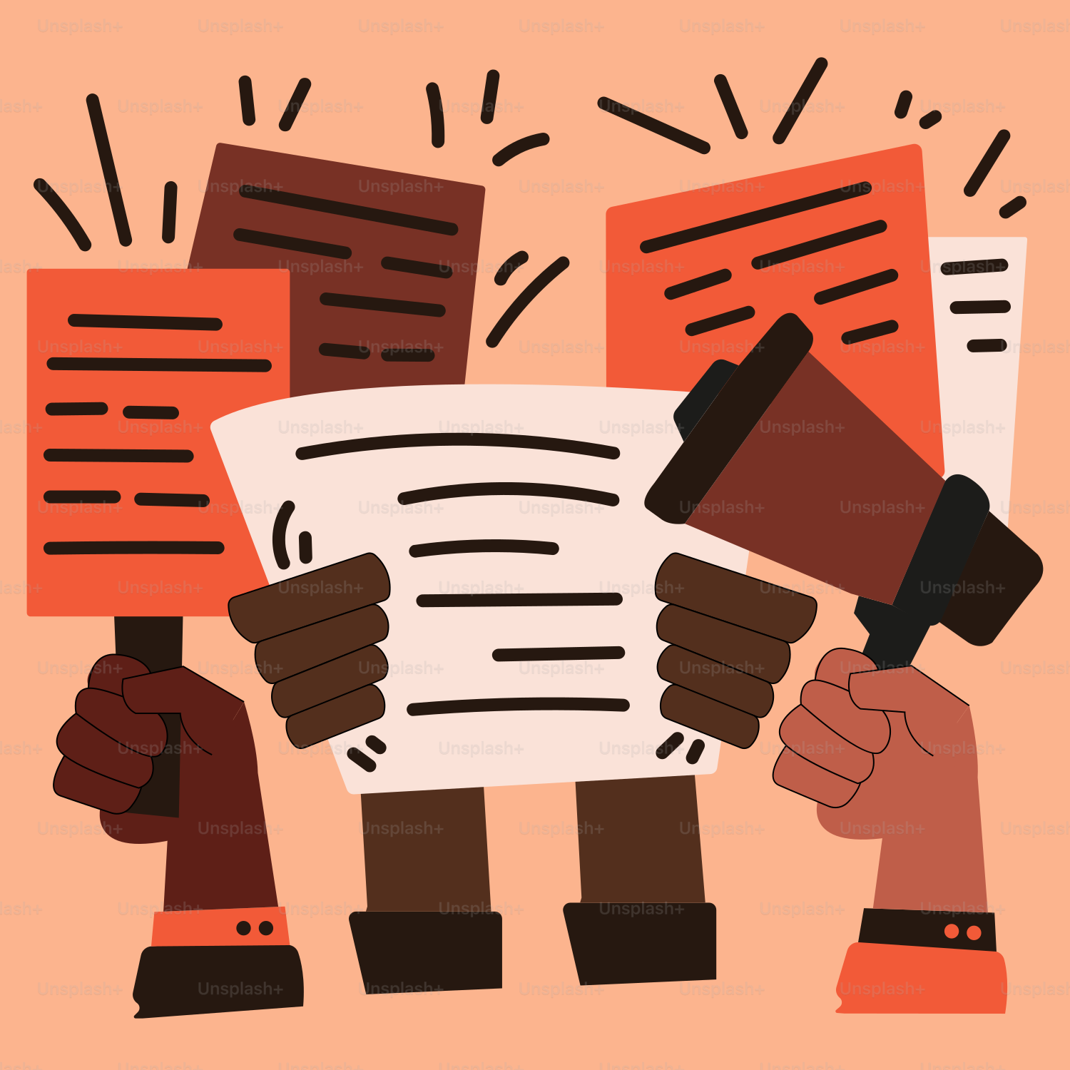 書類の山の上にメガホンを持つ手