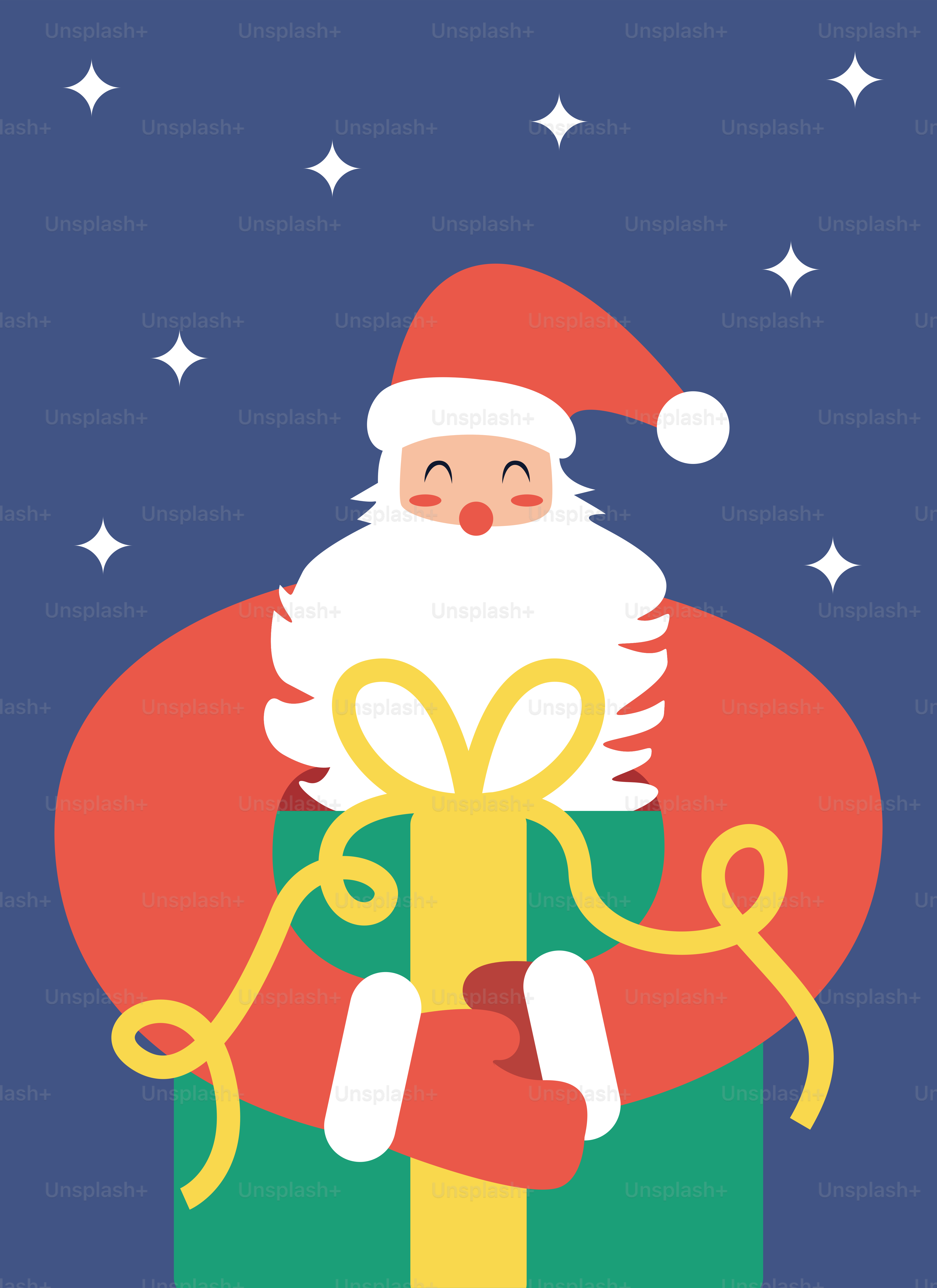 A christmas card with a santa clause holding a present